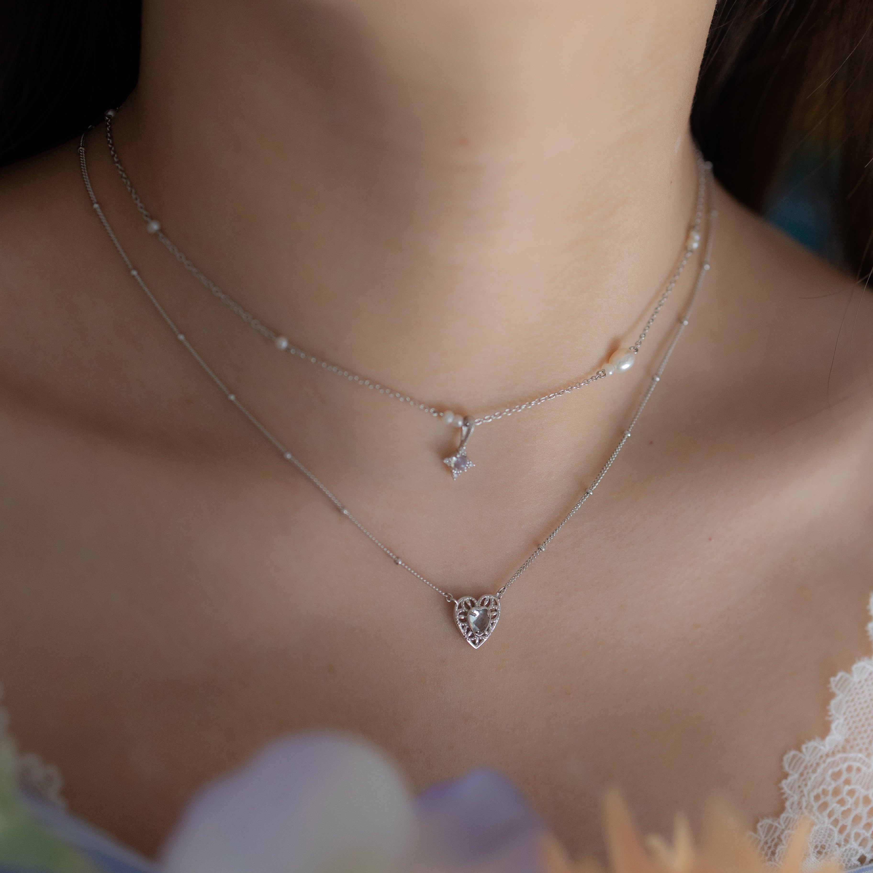 THE AQUA LACE HEART SILVER NECKLACE