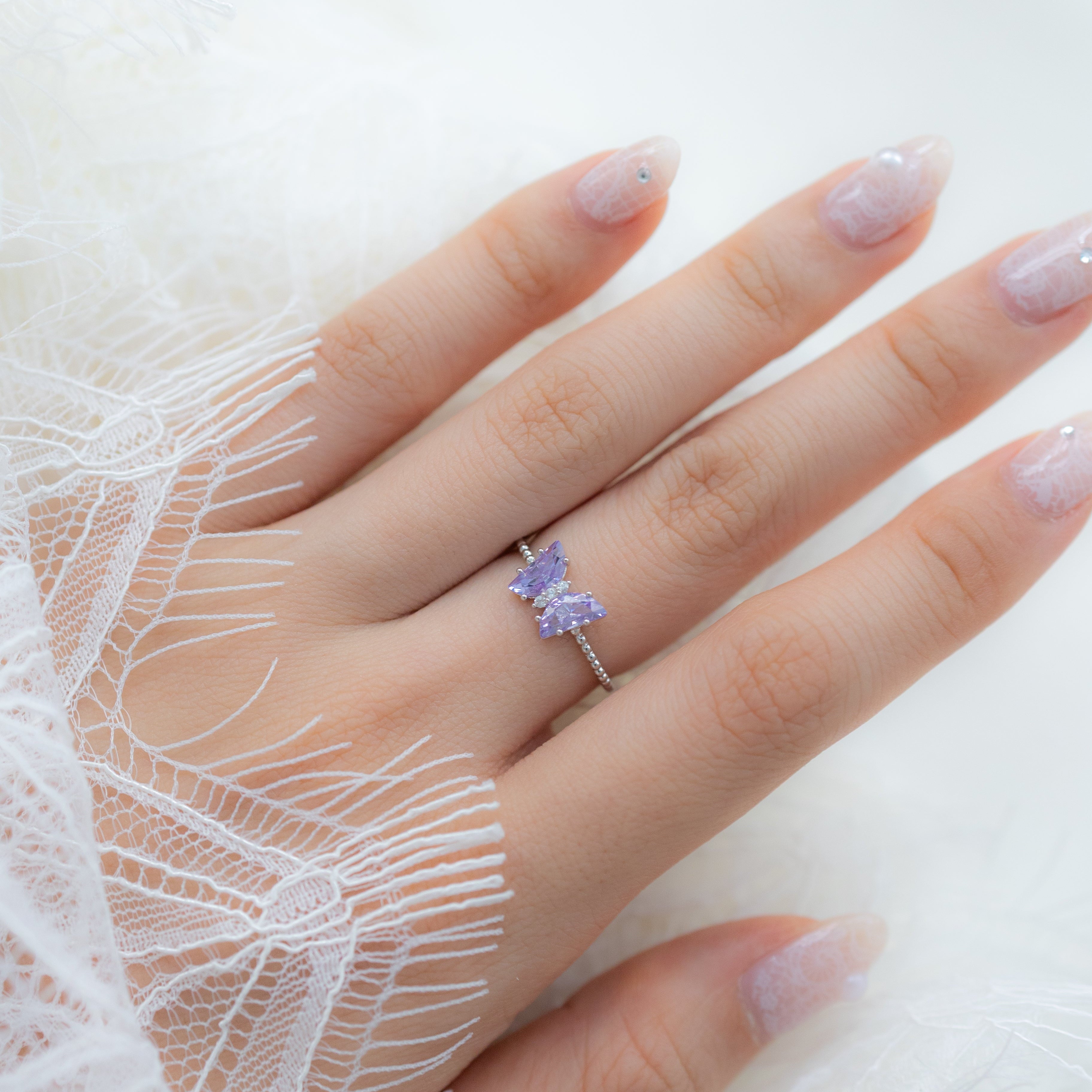 BUTTERFLY ADJUSTABLE SILVER RING - PURPLE