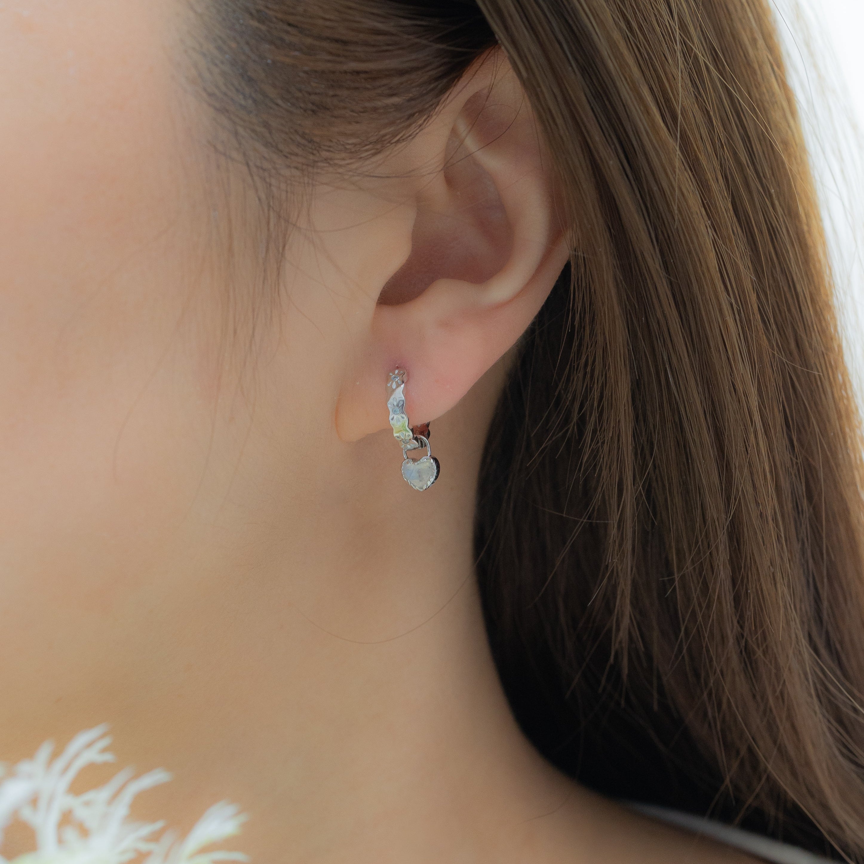 THE SCALLOP HOOPS WITH MINI LOVE LOCK SILVER EARRINGS - MOONSTONE