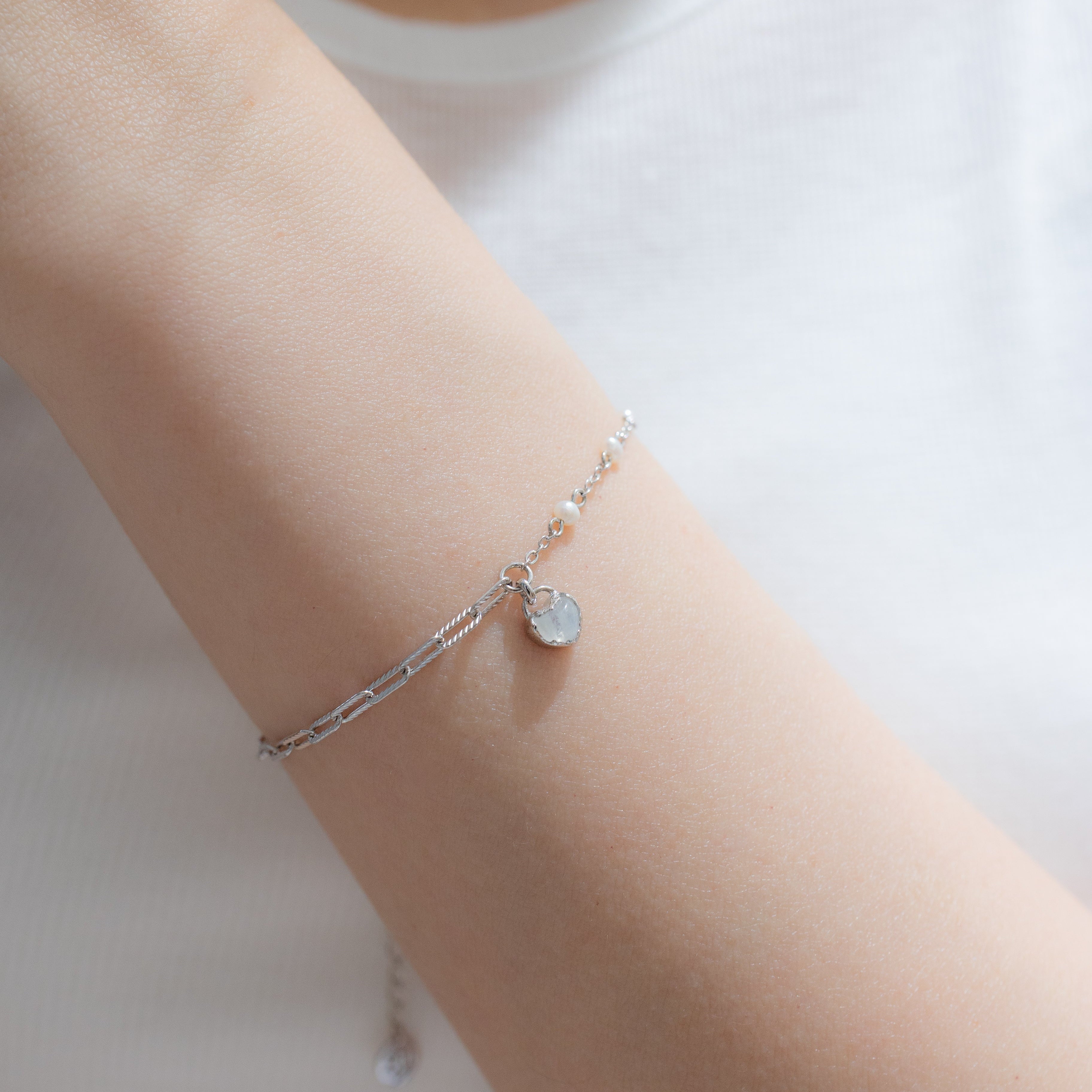 MINI LOVE LOCK SILVER BRACELET - MOONSTONE & PEARLS