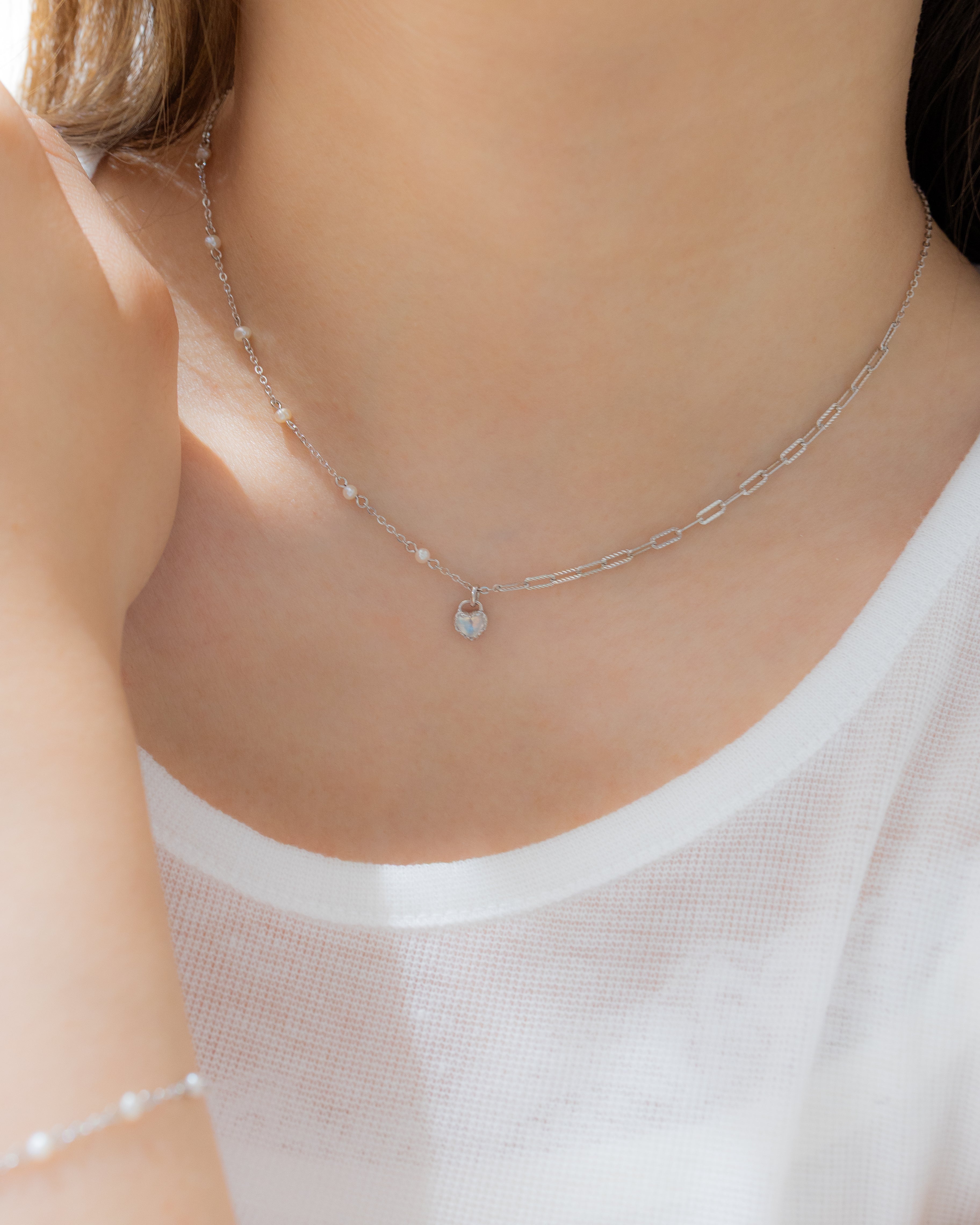 MINI LOVE LOCK SILVER NECKLACE - MOONSTONE & PEARLS