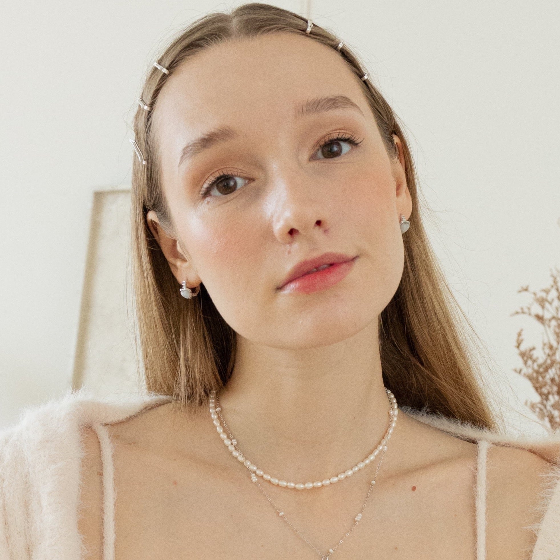 MINI HEART MOONSTONE SILVER HUGGIES EARRINGS