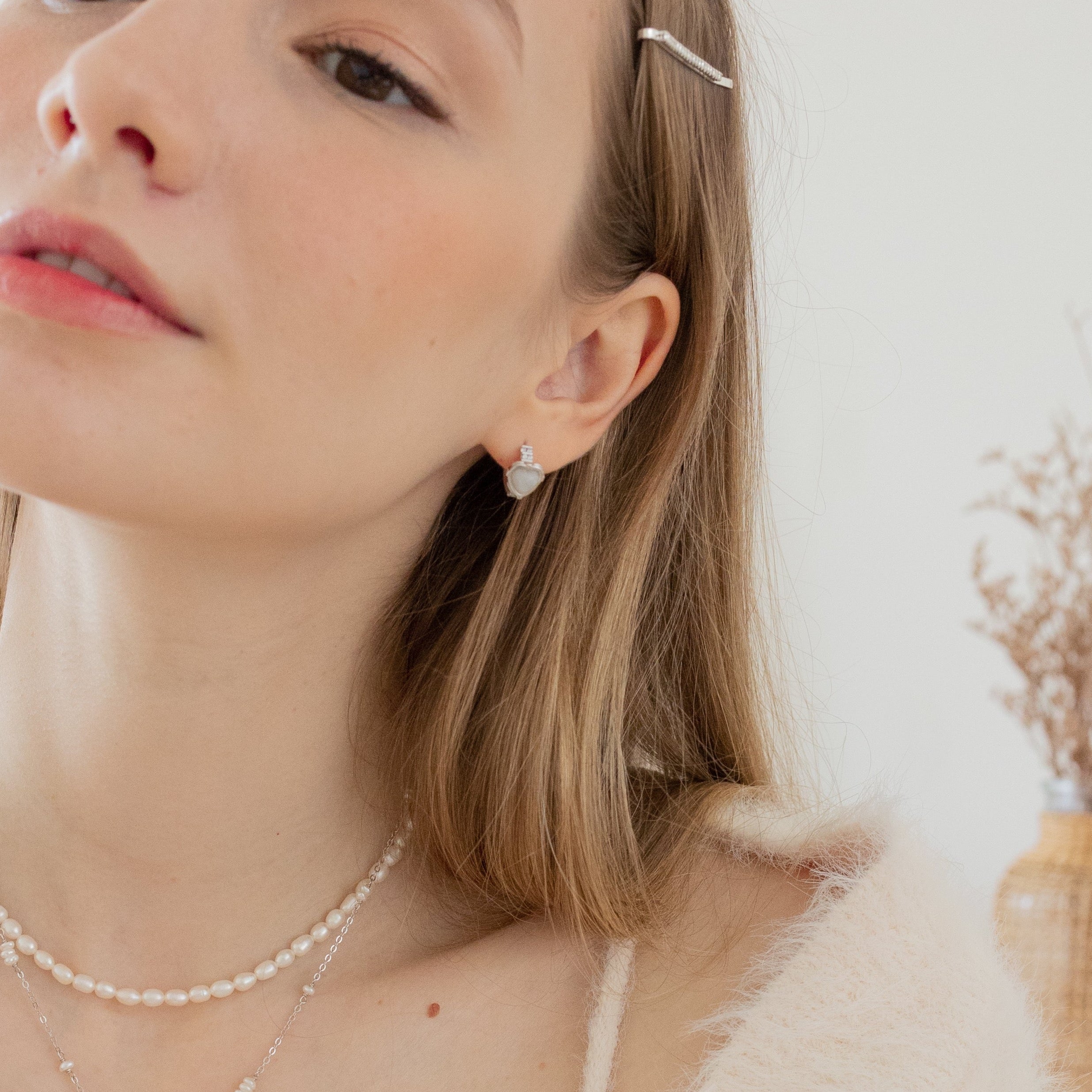 MINI HEART MOONSTONE SILVER HUGGIES EARRINGS