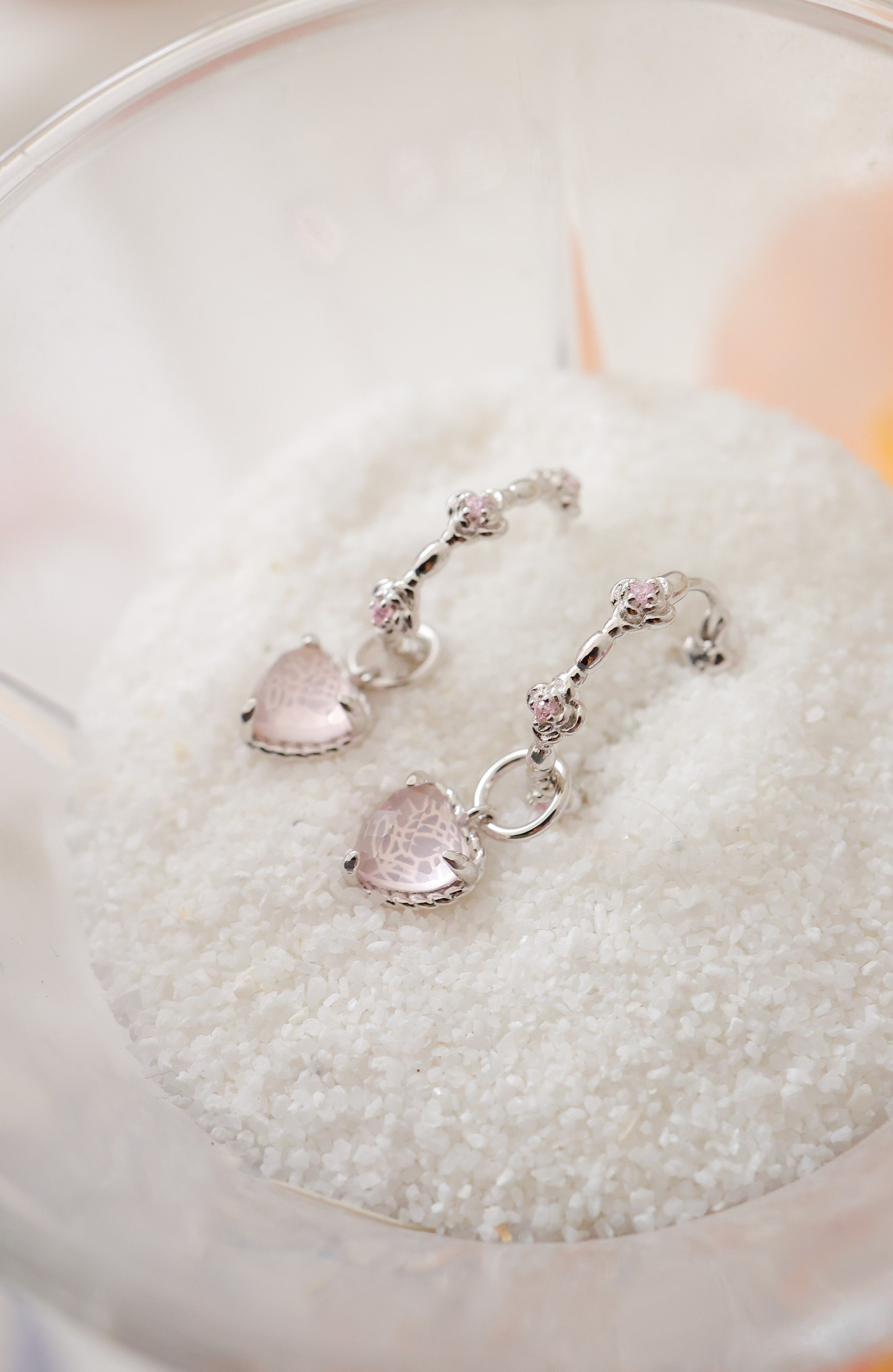 HEARTBEAT PINK ROSE SILVER EAR HOOP - ROSE QUARTZ