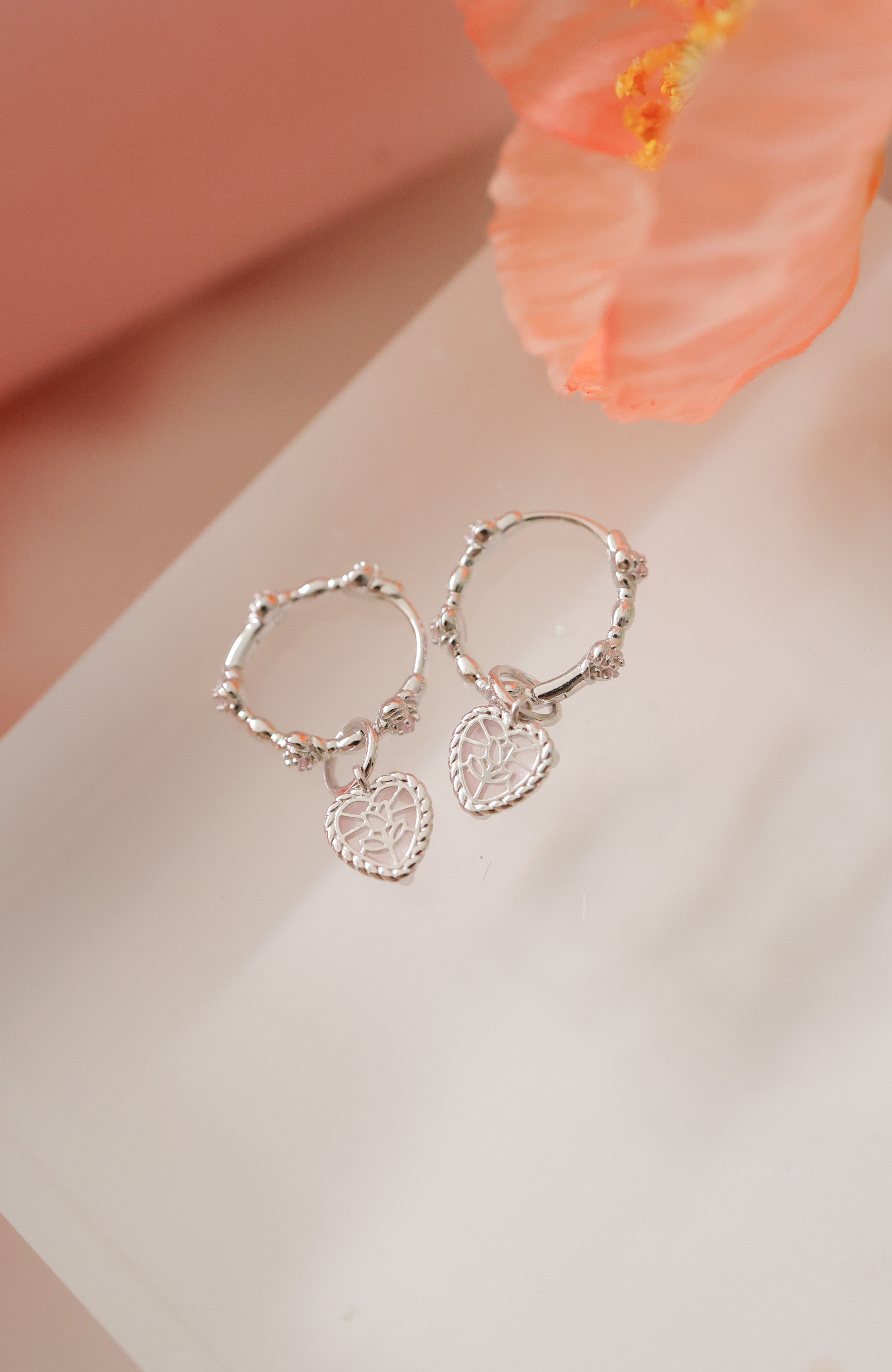 HEARTBEAT PINK ROSE SILVER EAR HOOP - ROSE QUARTZ