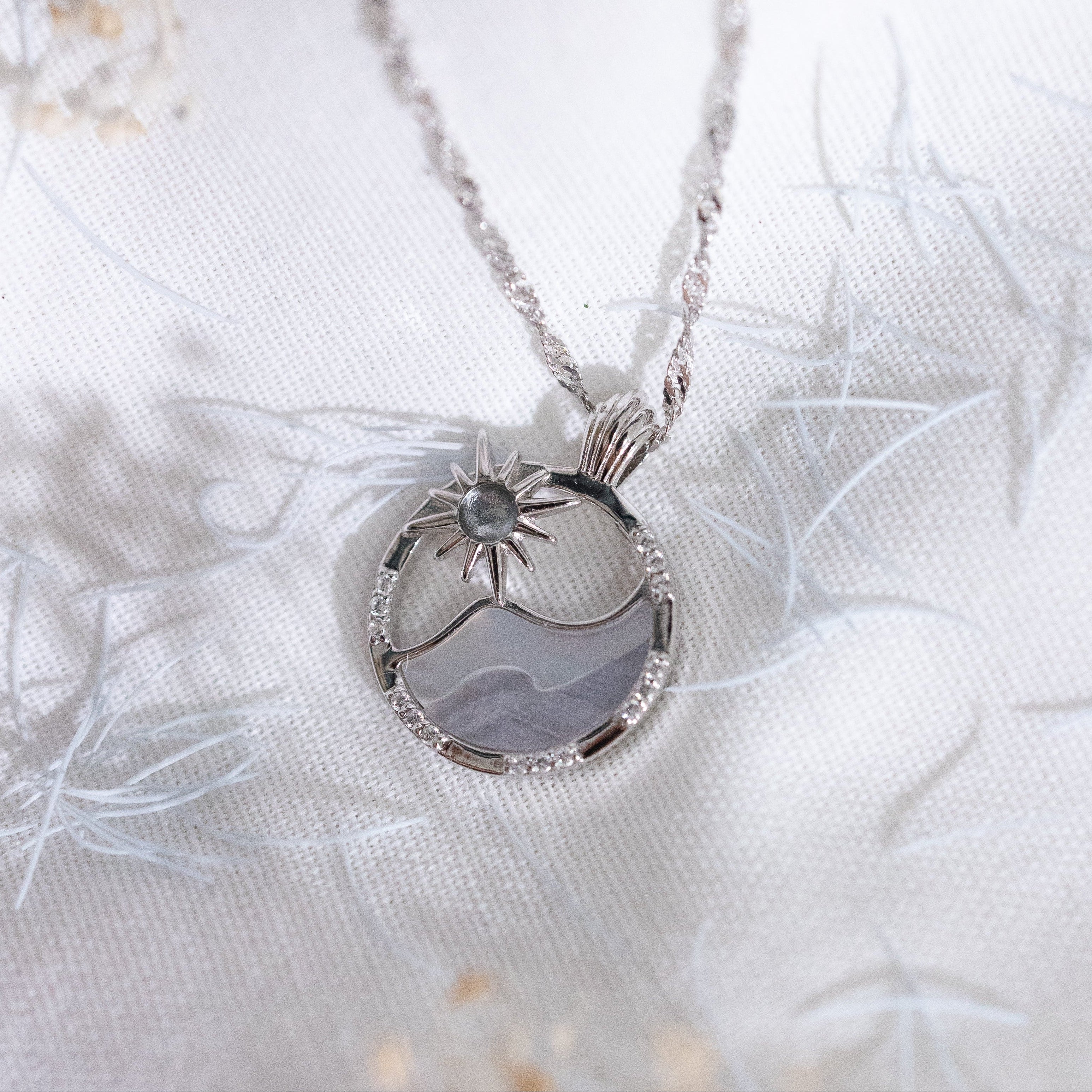 SUN WAVE SILVER NECKLACES - WHITE SHELL, BLUE LACE AGATE