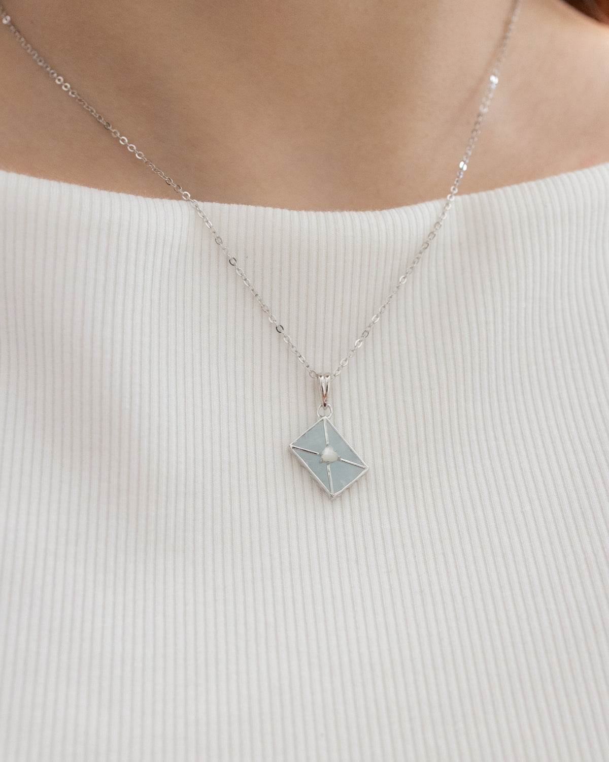 WROTE ME A LOVE LETTER SILVER NECKLACE- AQUAMARINE & PEARL
