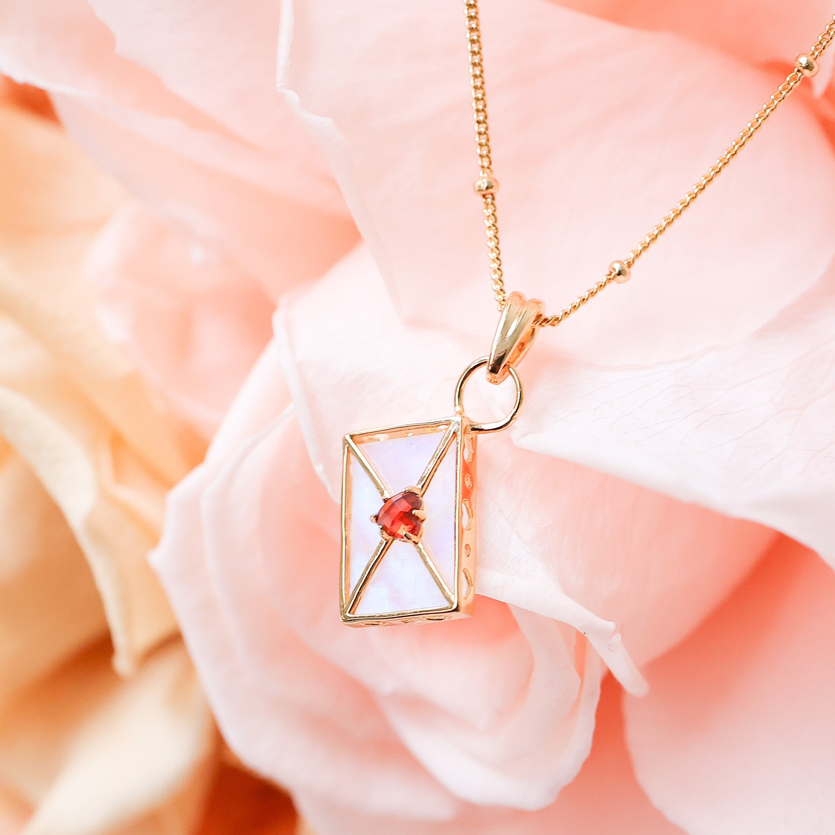 WROTE ME A LOVE LETTER NECKLACE-MOONSTONE-GARNET