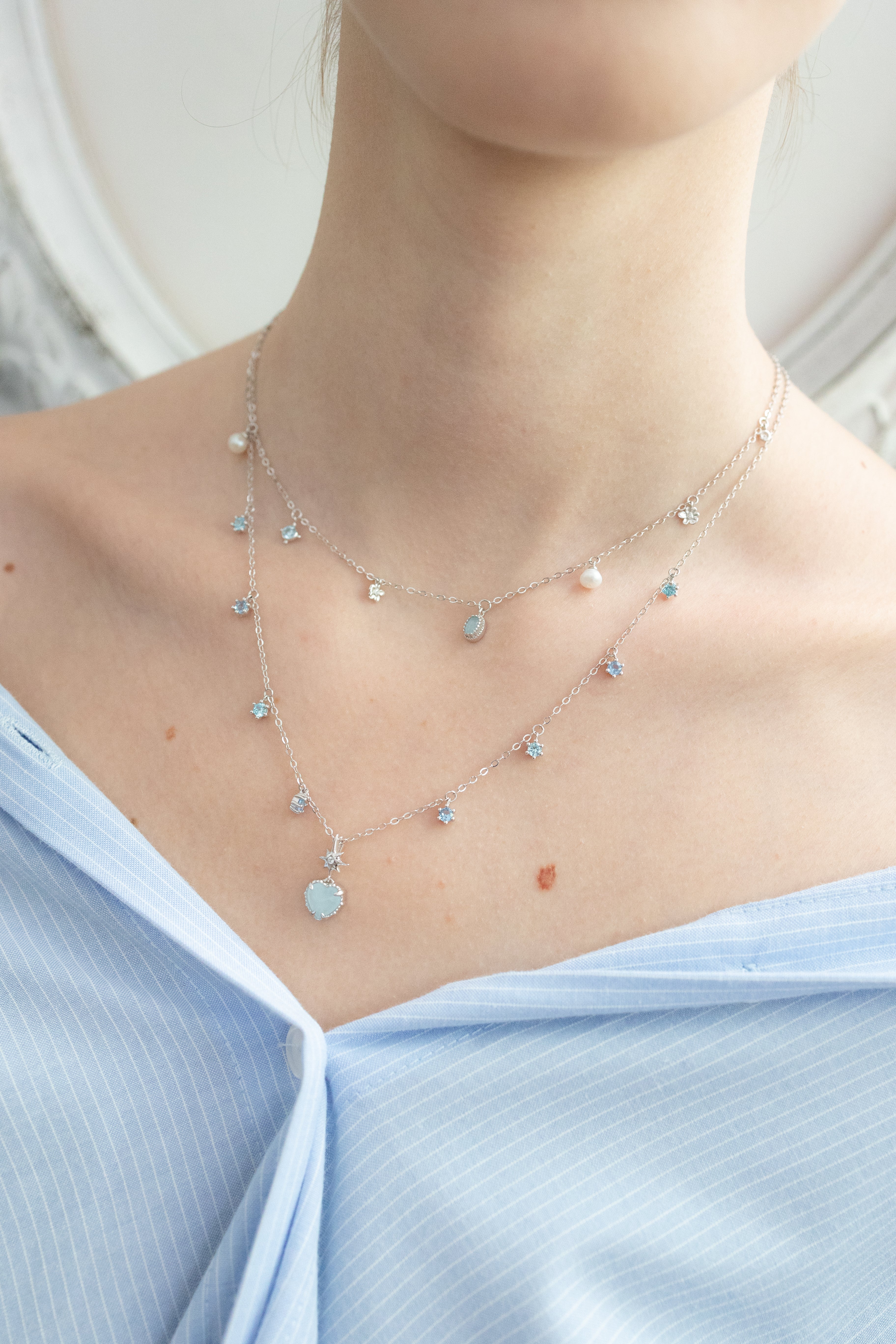 (PRE-ORDER)AQUA TWINKLE SILVER NECKLACE - AQUAMARINE
