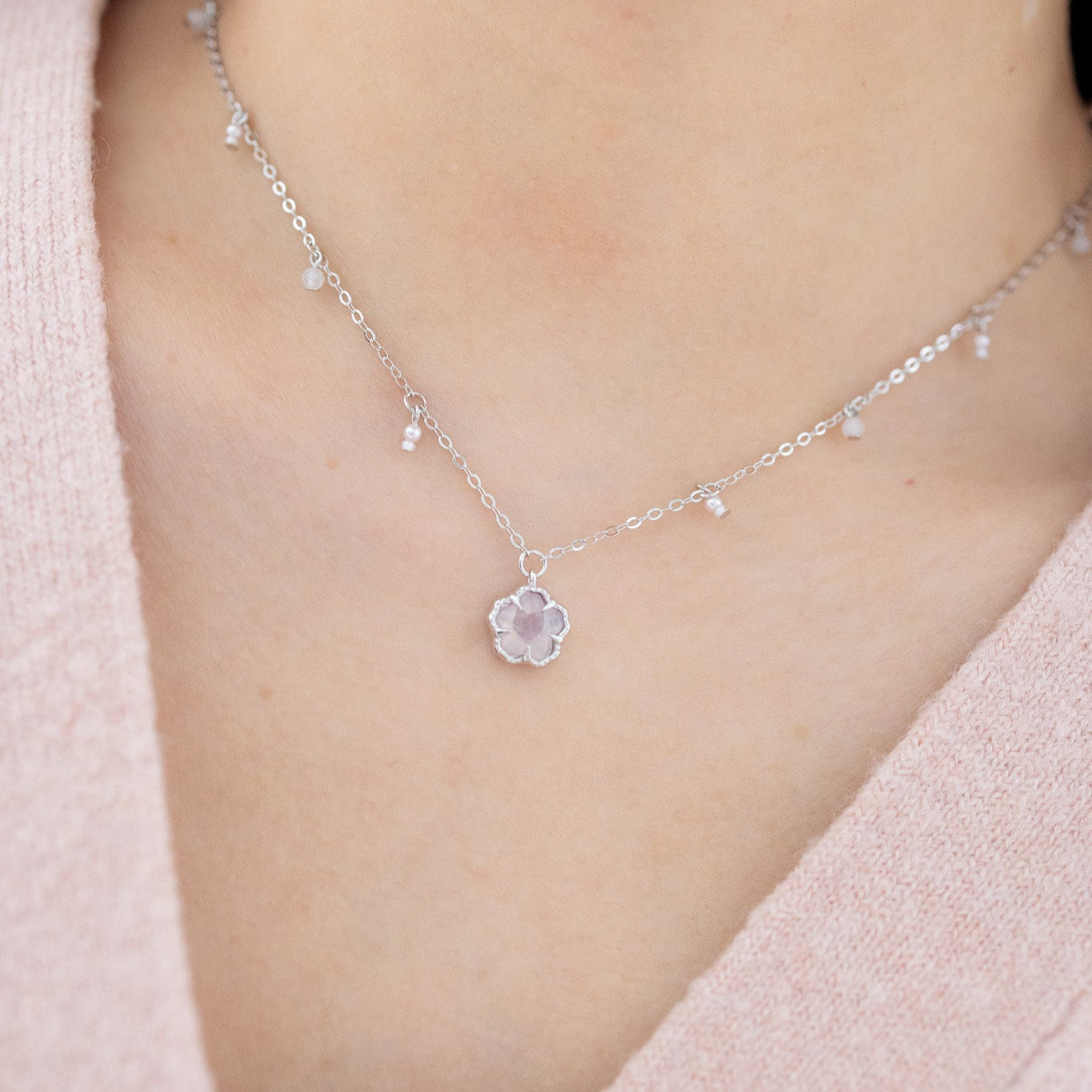 SAKURA BLOSSOM SILVER NECKLACE - ROSE QAURTZ