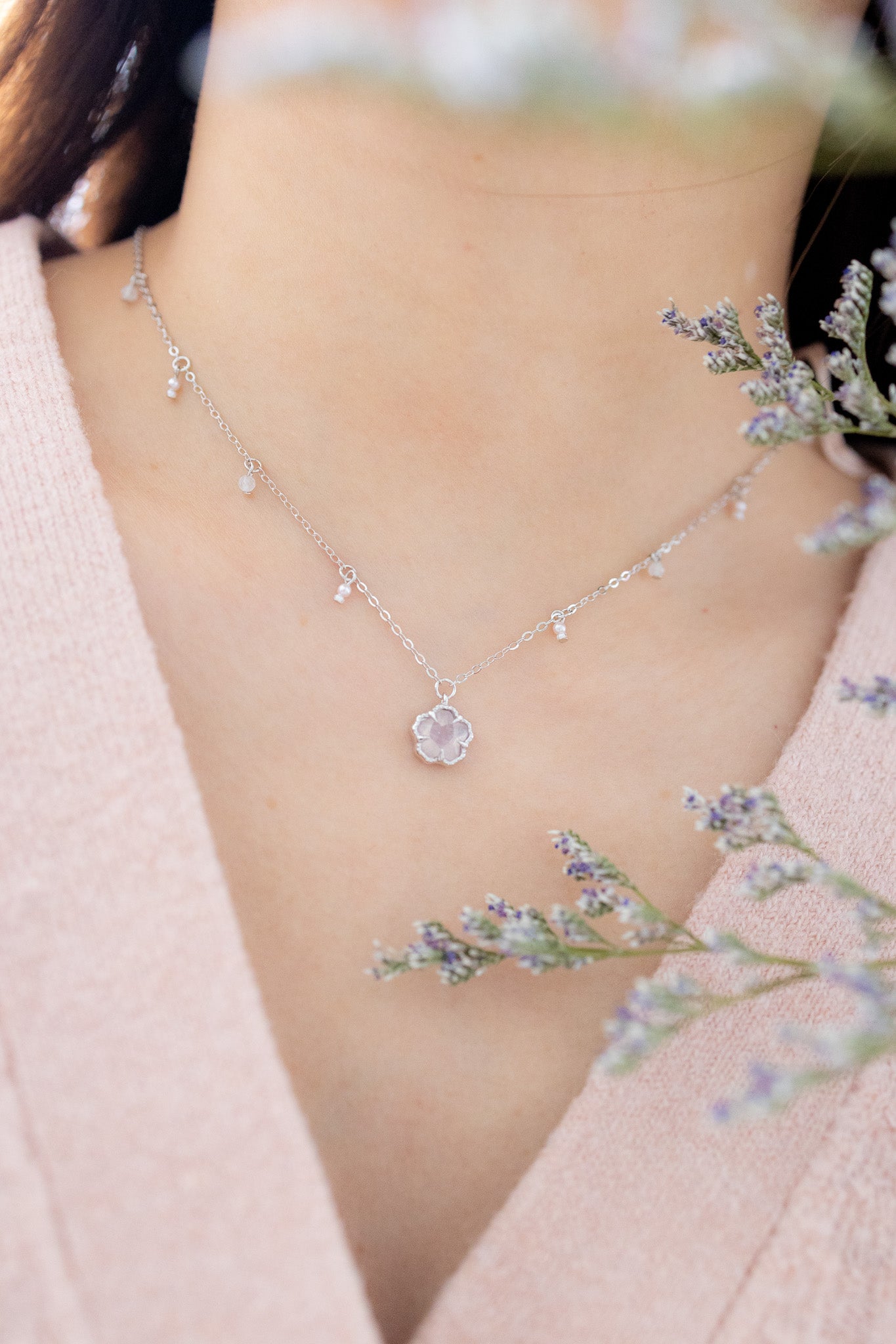 SAKURA BLOSSOM SILVER NECKLACE - ROSE QAURTZ