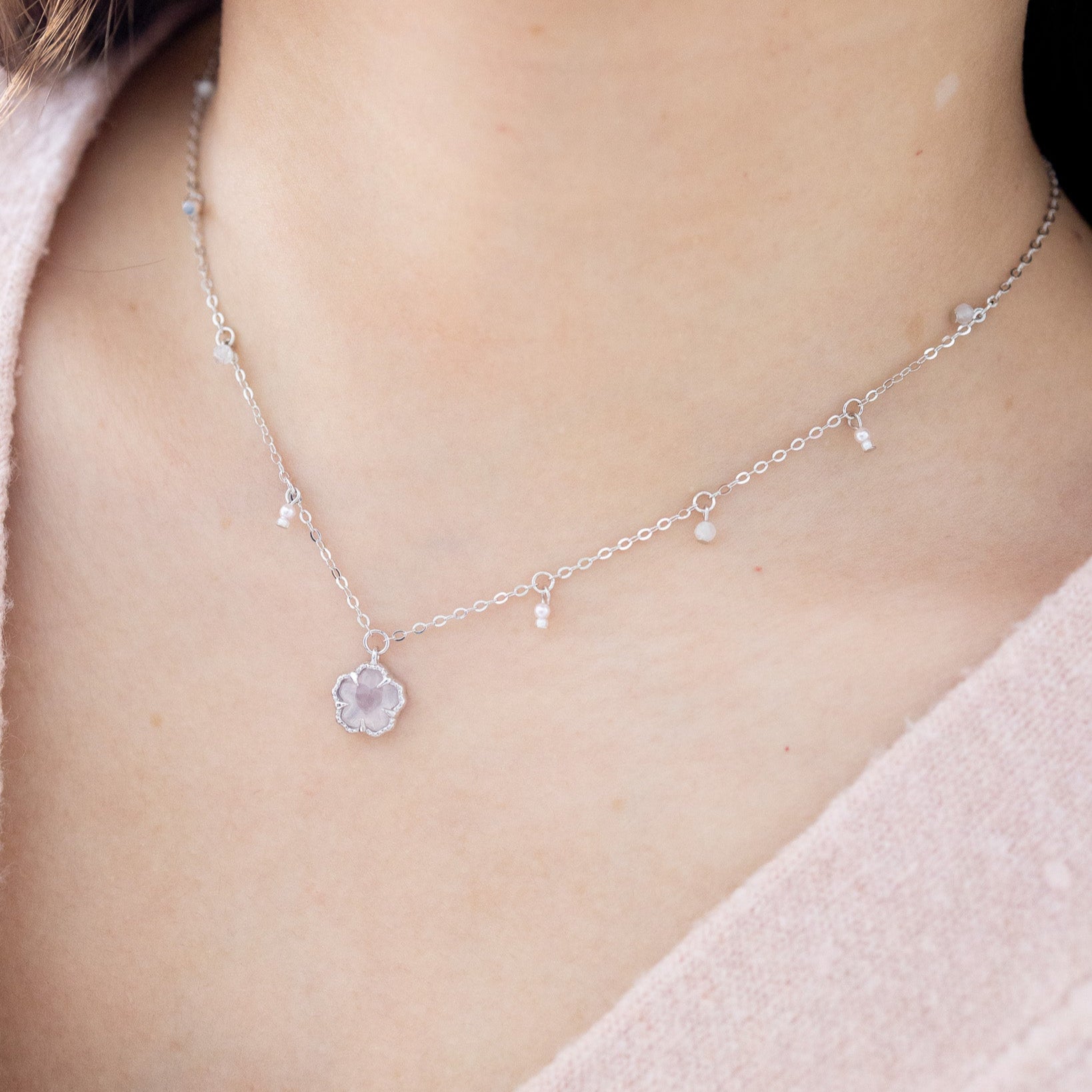 SAKURA BLOSSOM SILVER NECKLACE - ROSE QAURTZ