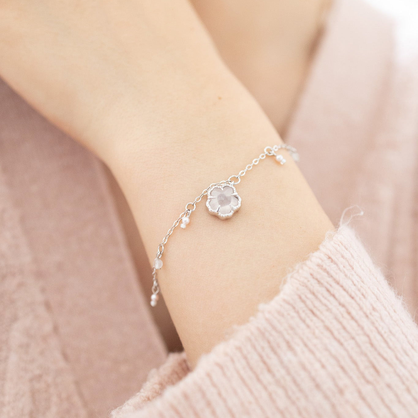 SAKURA BLOSSOM SILVER BRACELET - ROSE QAURTZ