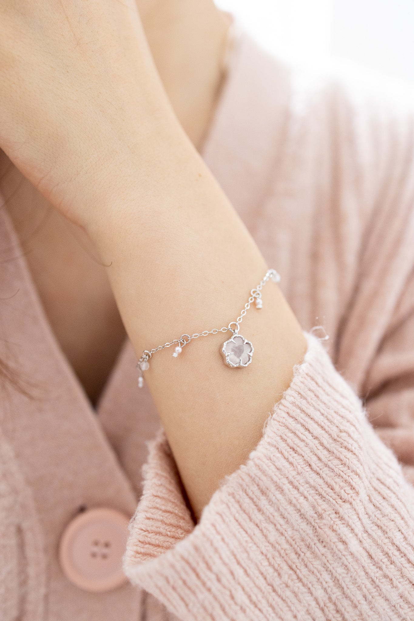 SAKURA BLOSSOM SILVER BRACELET - ROSE QAURTZ