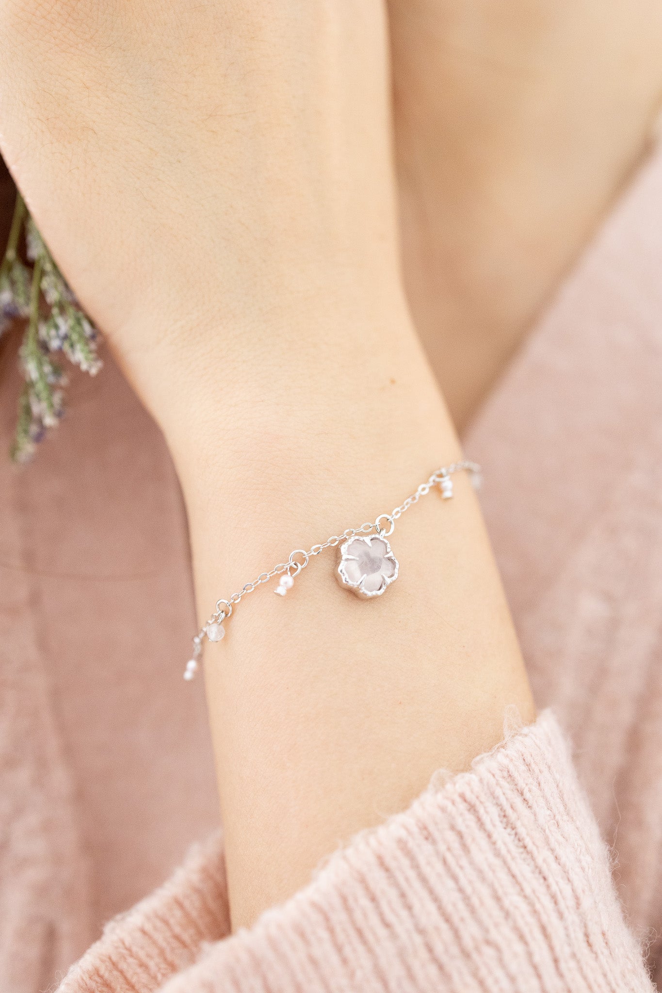 SAKURA BLOSSOM SILVER BRACELET - ROSE QAURTZ