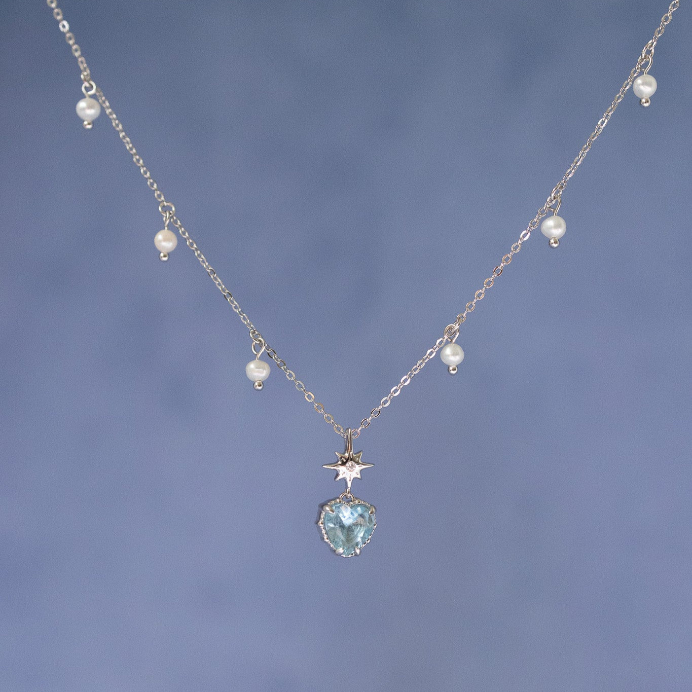 AQUA TWINKLE SILVER NECKLACE - AQUAMARINE & PEARL