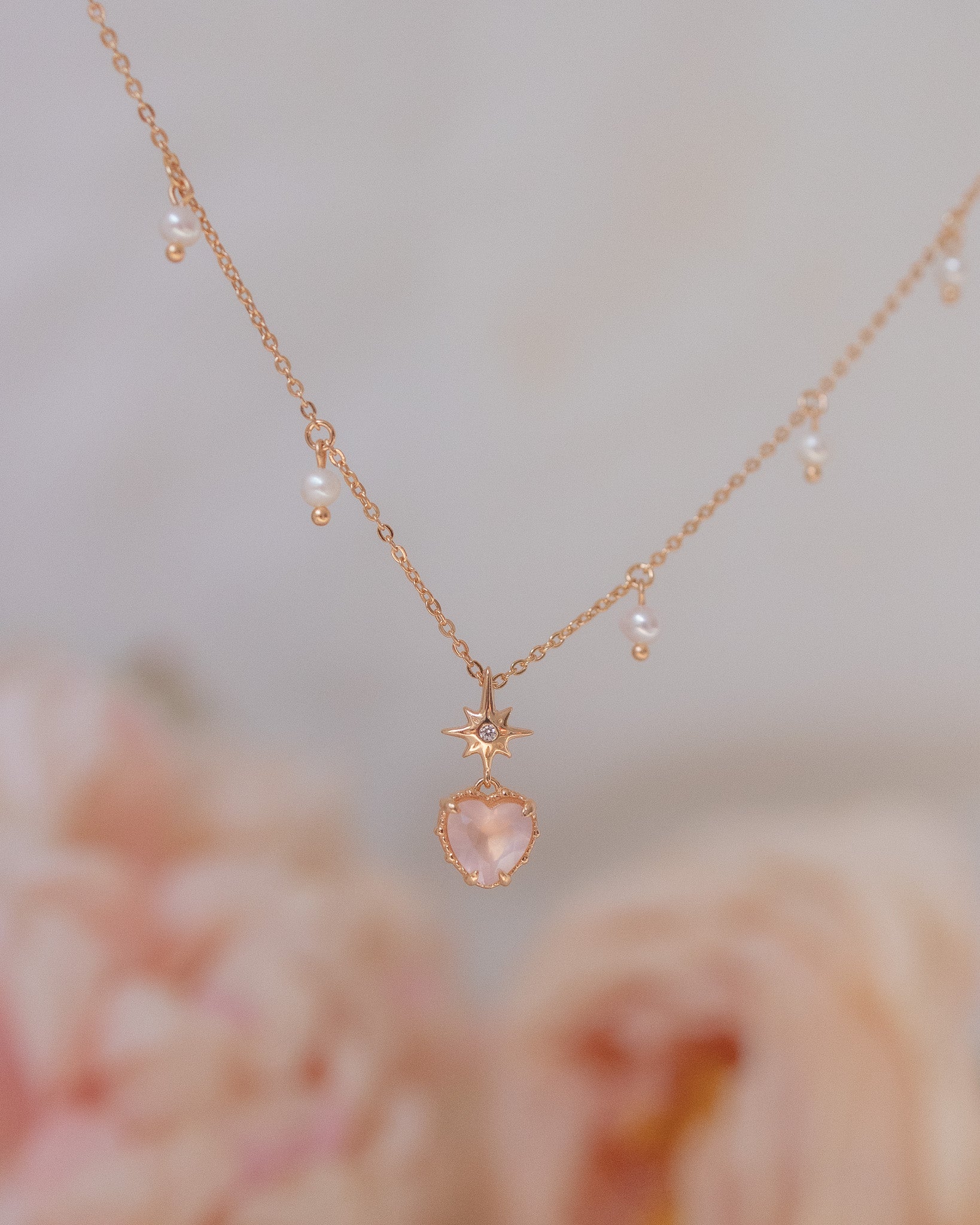 PEACH TWINKLE NECKLACE - ROSE QUARTZ & PEARL