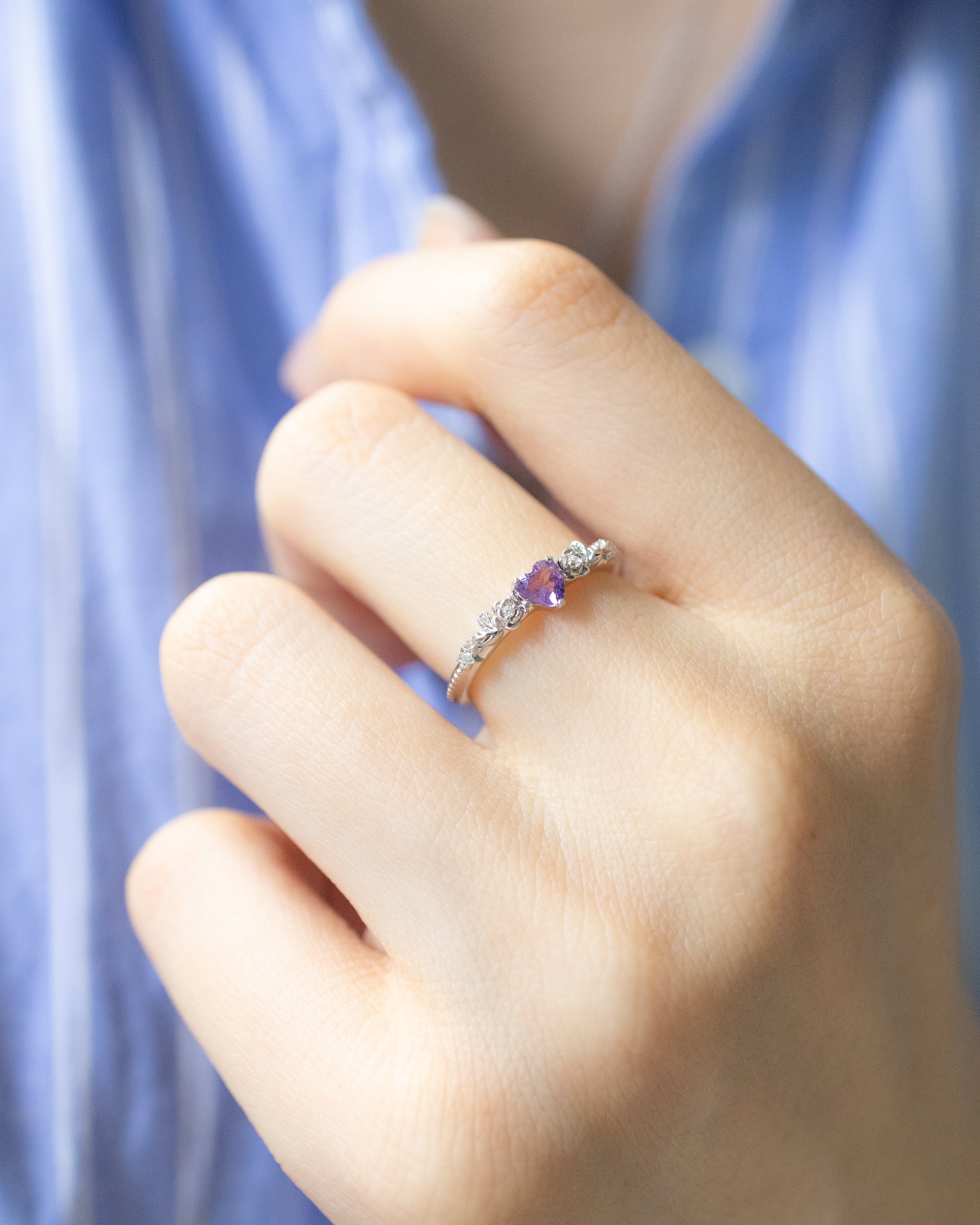 ROSE GARDEN ADJUSTABLE SILVER RING - AMETHYST