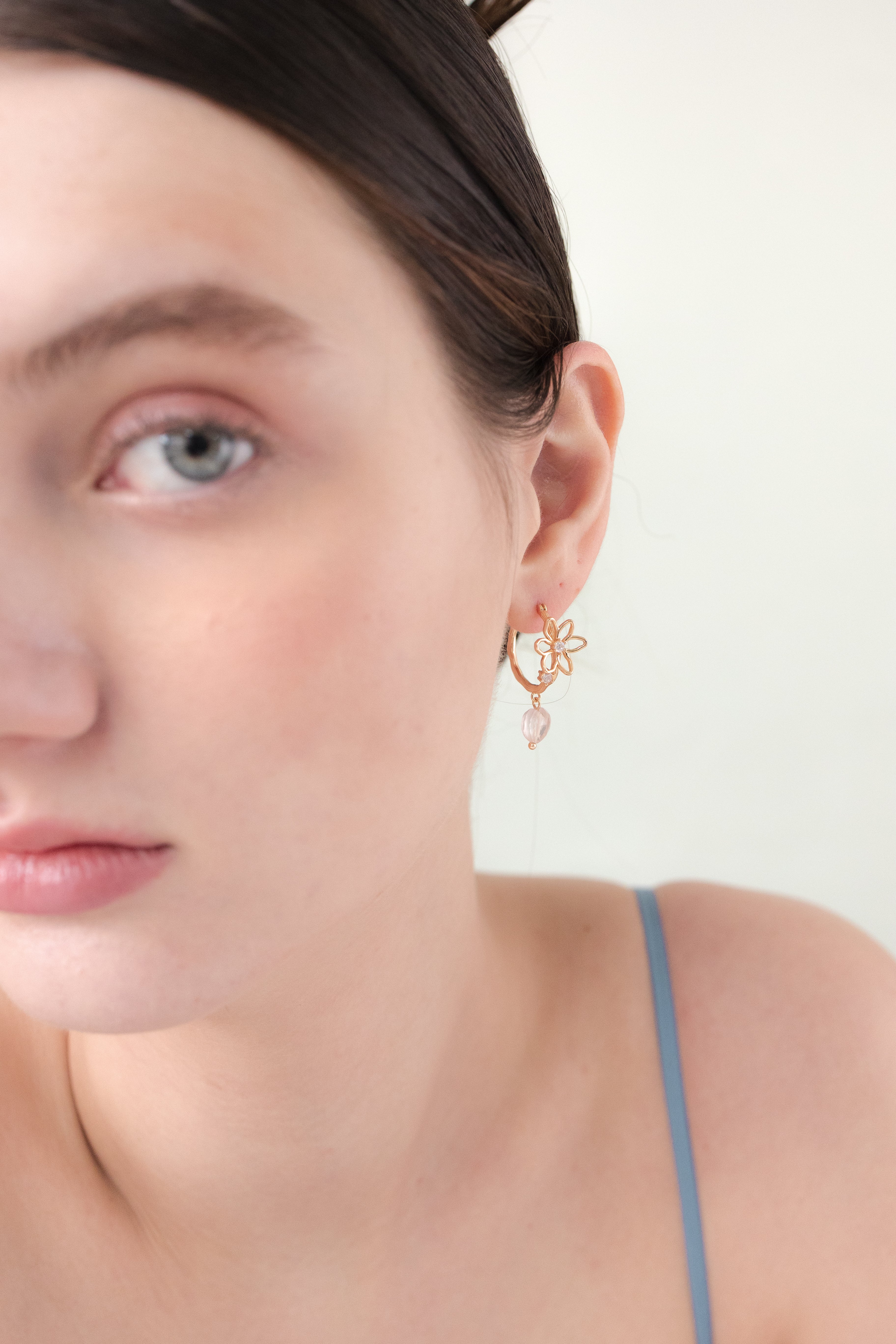 FLOWER BLOOSOM EAR HOOPS EARRINGS - ROSE QUARTZ