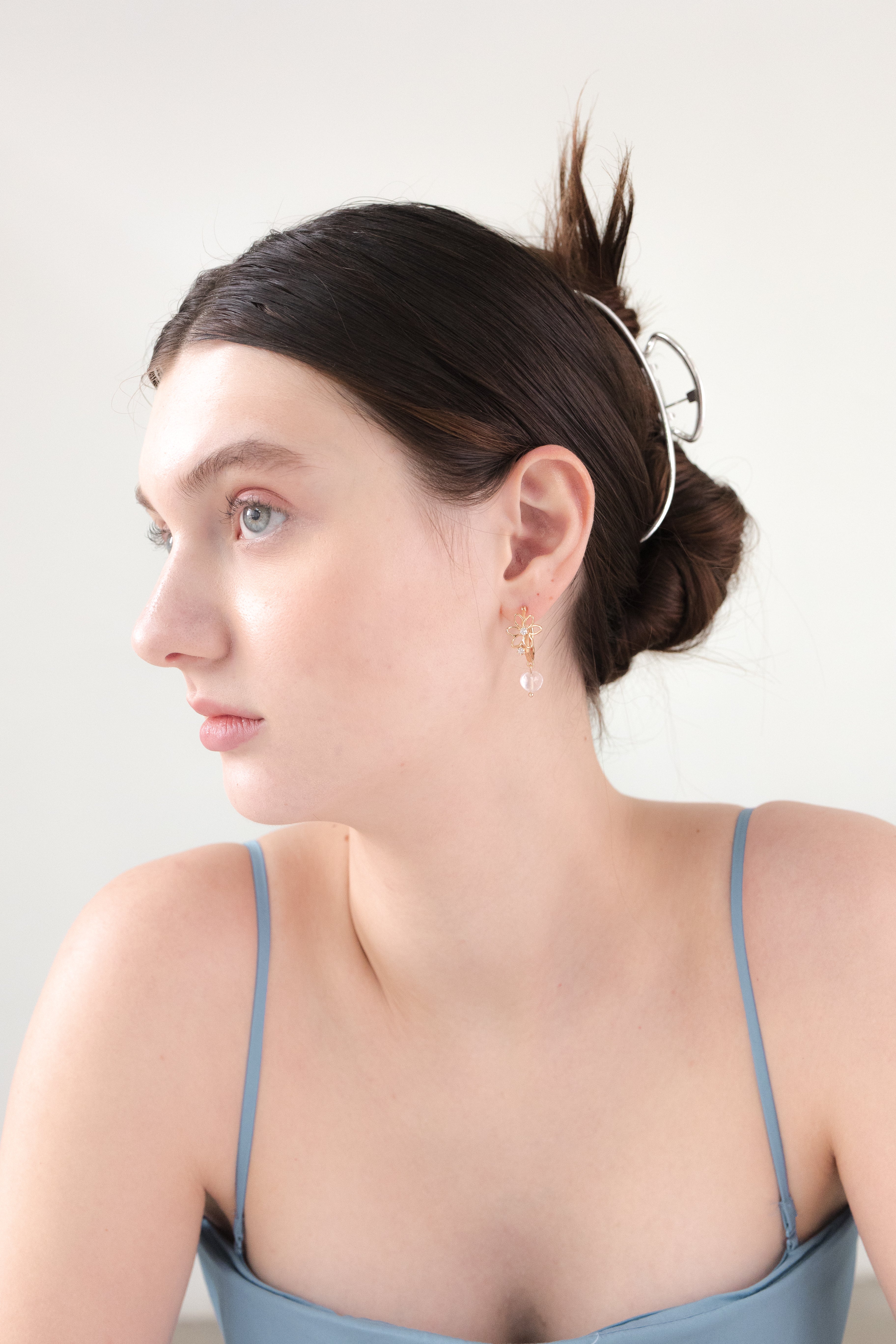 FLOWER BLOOSOM EAR HOOPS EARRINGS - ROSE QUARTZ