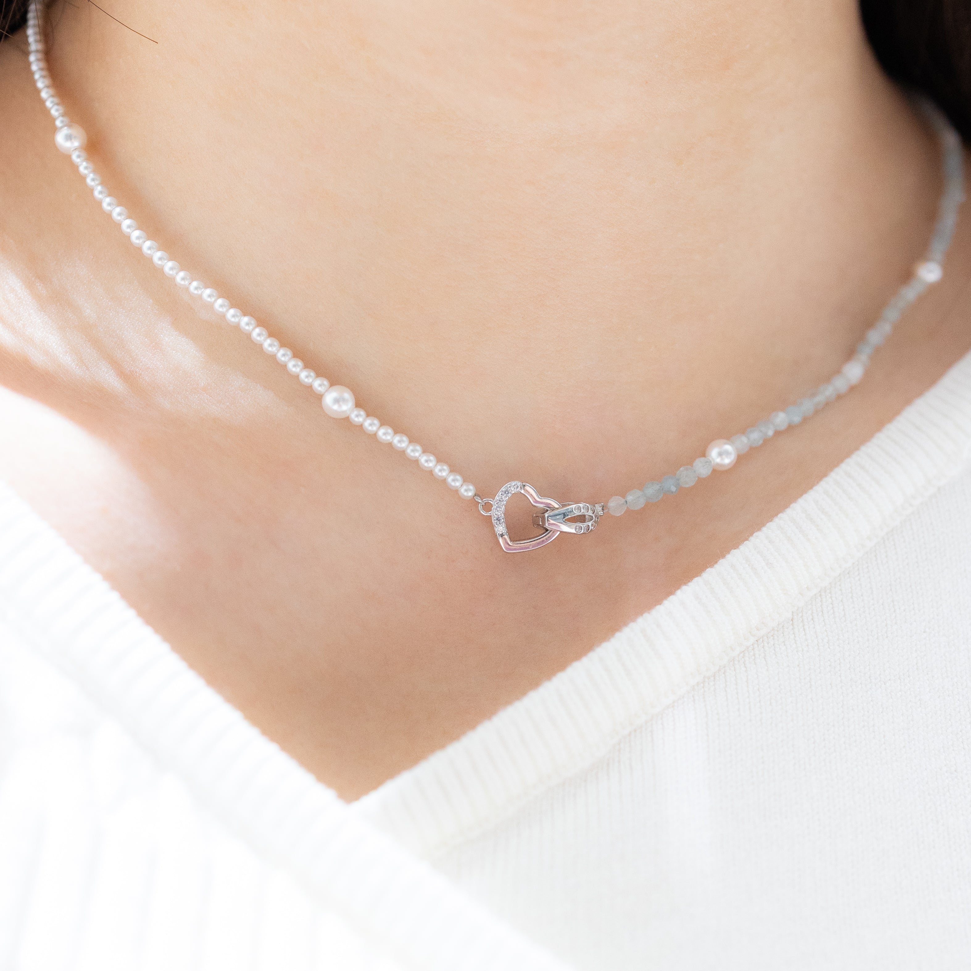 BOHO PEARL & AQUA HEART NECKLACE