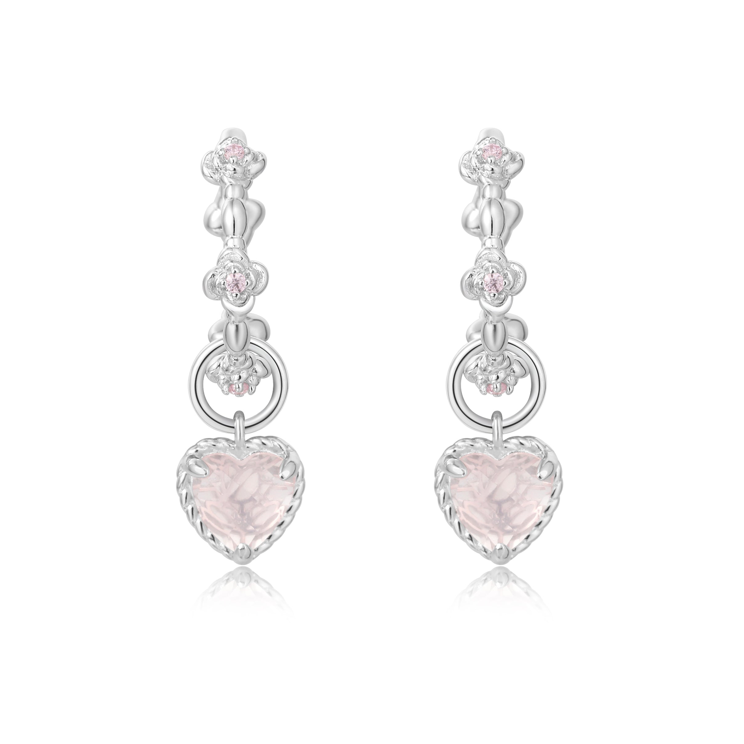 HEARTBEAT PINK ROSE SILVER EAR HOOP - ROSE QUARTZ