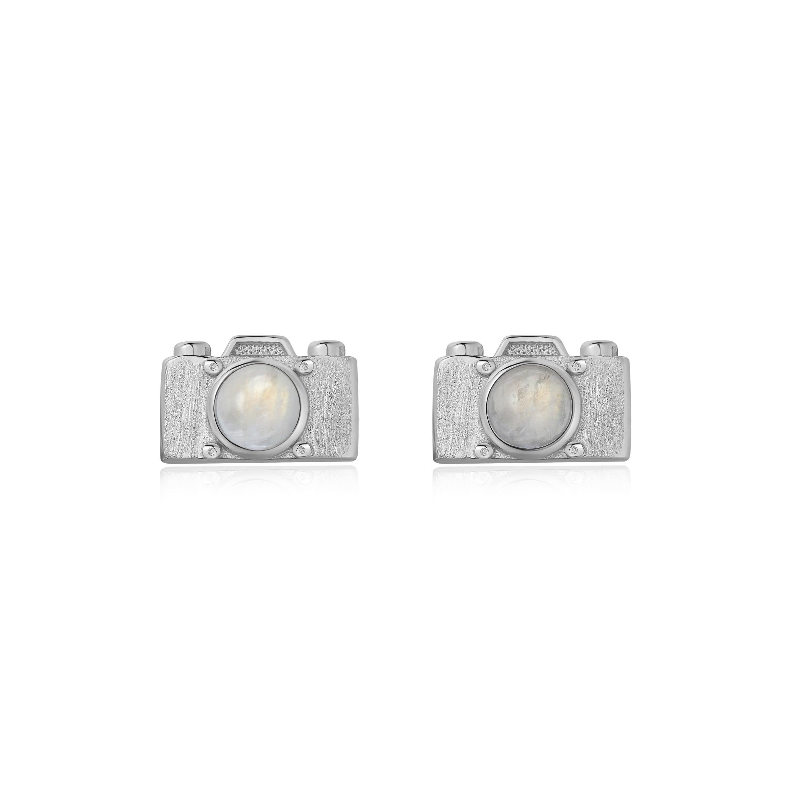 CAMERA SILVER EAR STUDS - MOONSTONE
