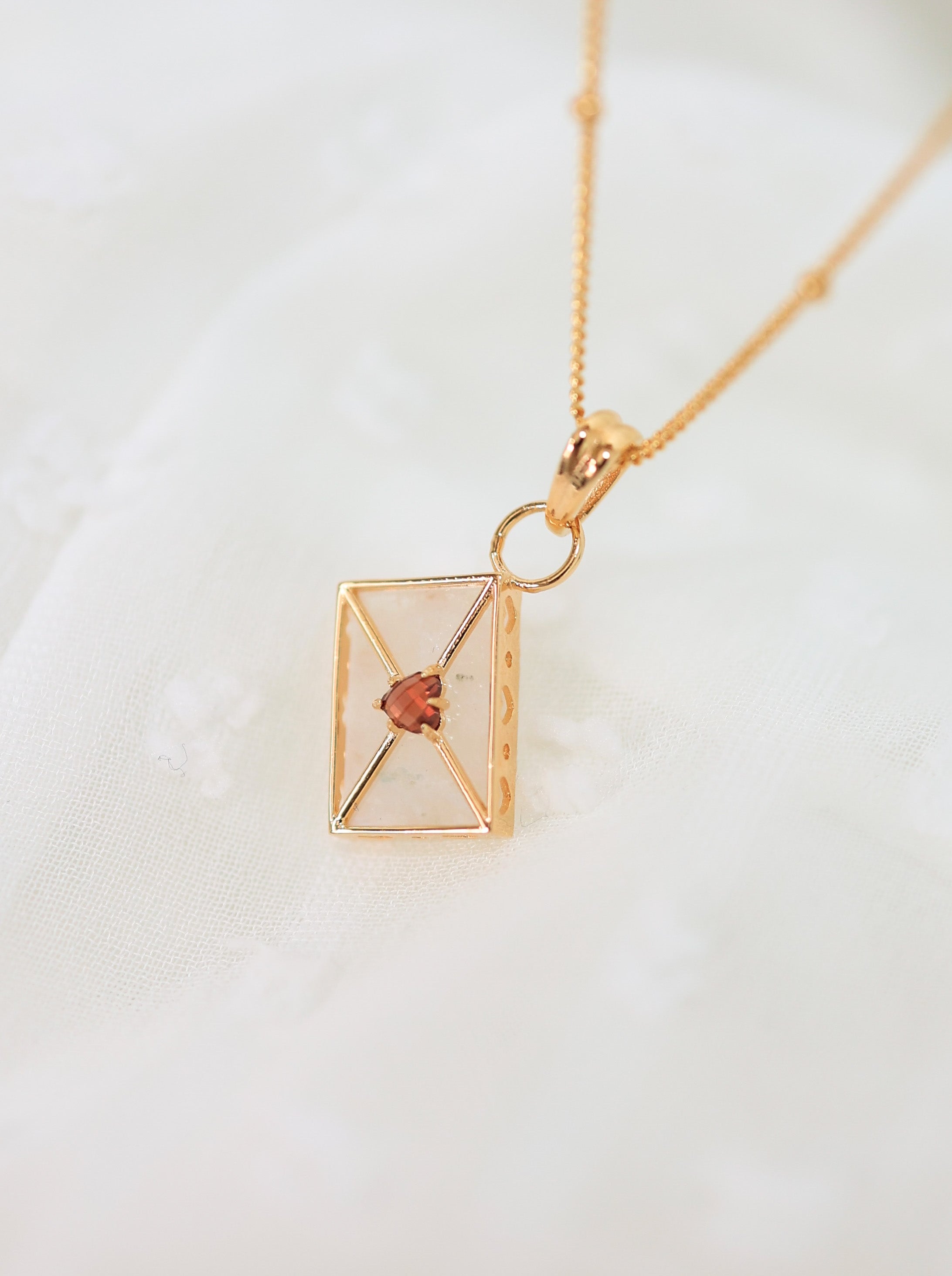 WROTE ME A LOVE LETTER NECKLACE-MOONSTONE-GARNET