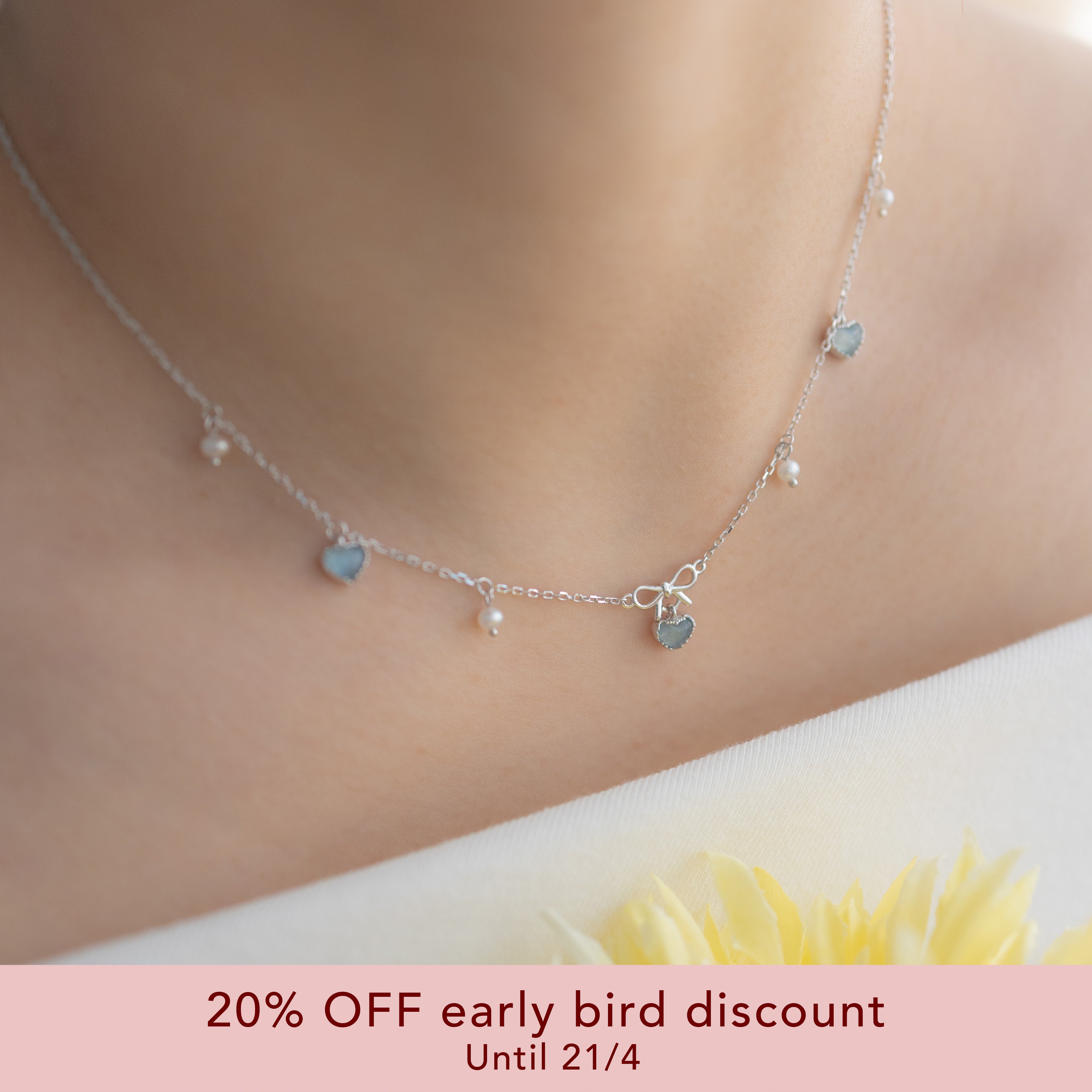 SWEETHEART RIBBON SILVER NECKLACE - AQUAMARINE