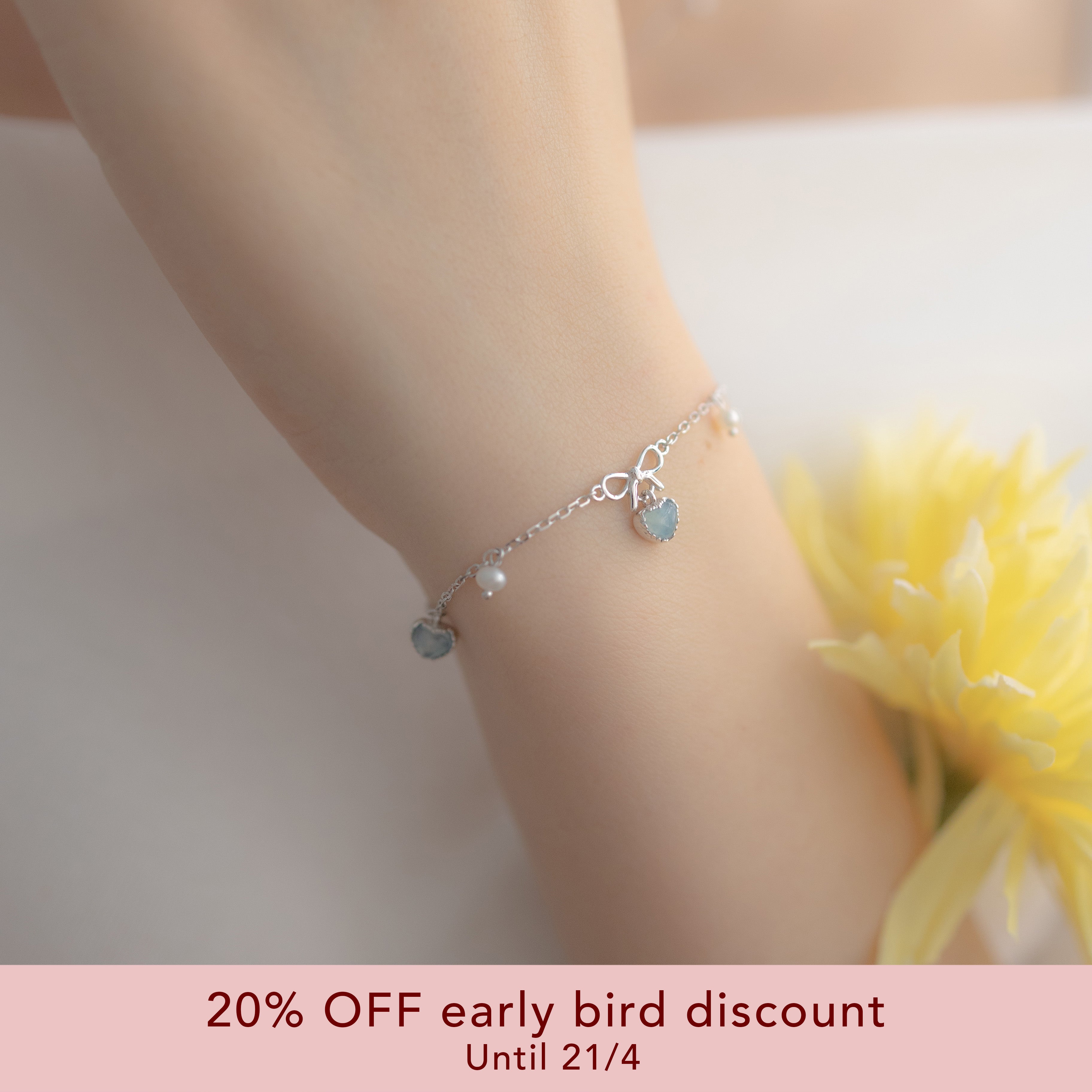 SWEETHEART RIBBON SILVER BRACELET - AQUAMARINE