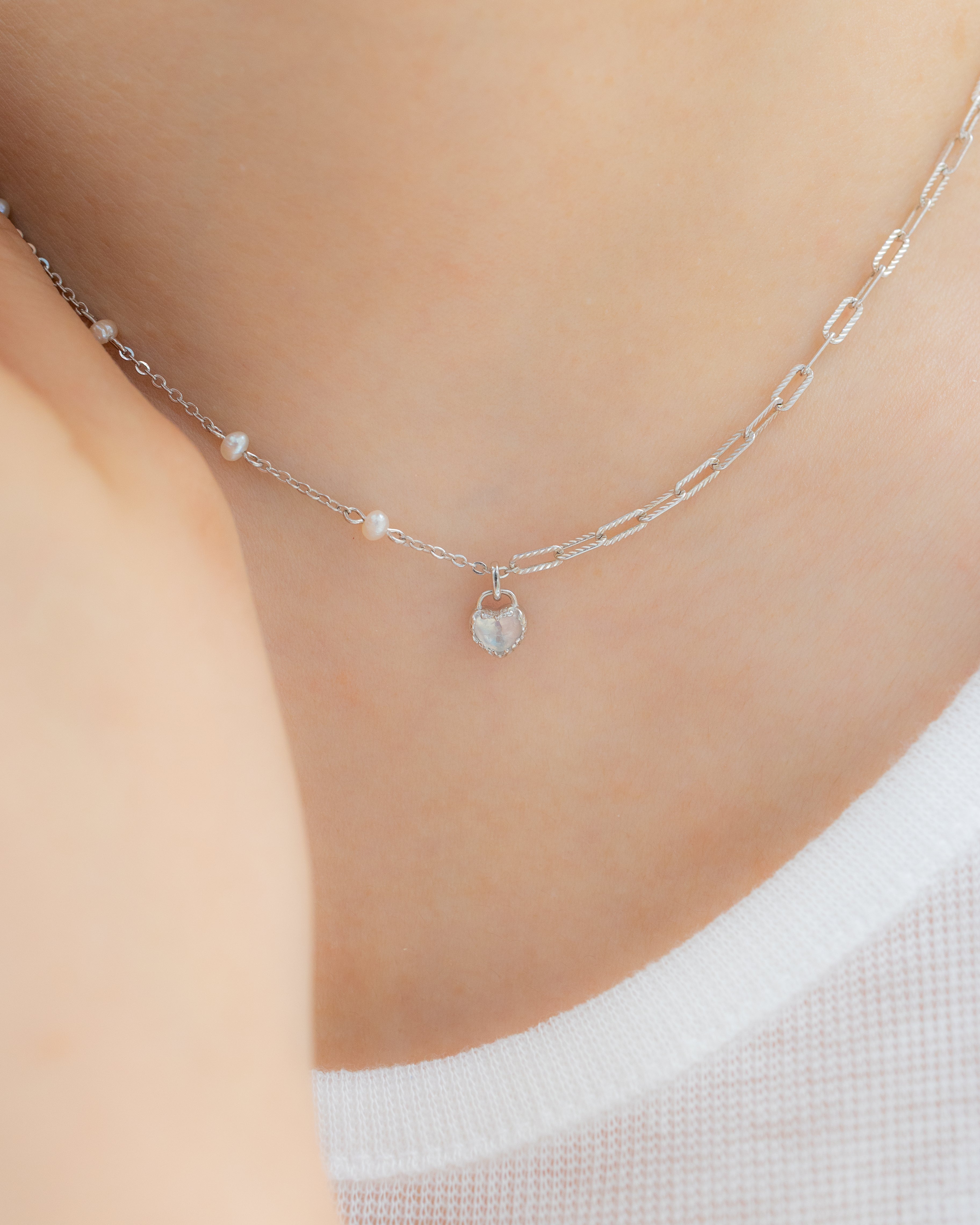 MINI LOVE LOCK SILVER NECKLACE - MOONSTONE & PEARLS