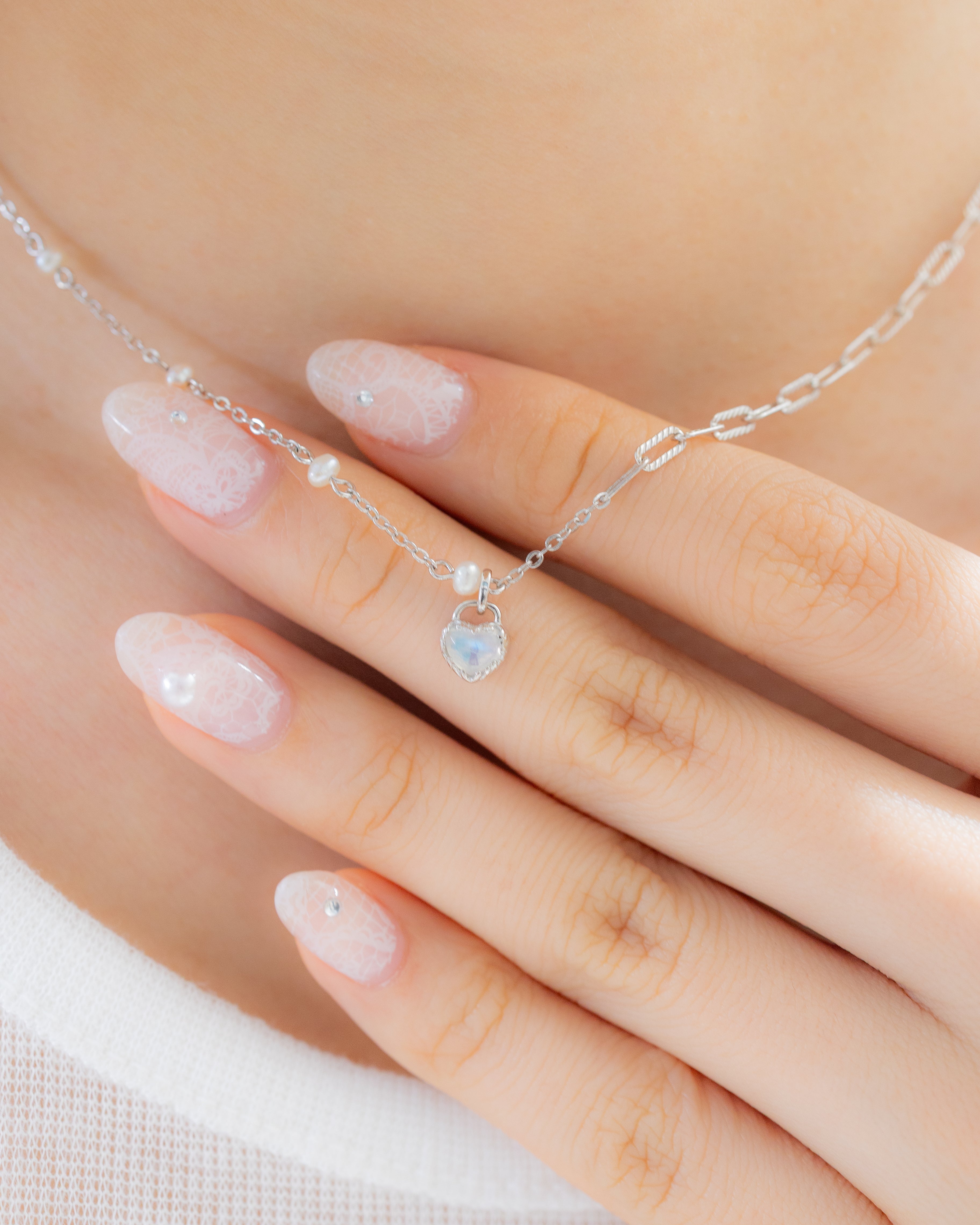 MINI LOVE LOCK SILVER NECKLACE - MOONSTONE & PEARLS