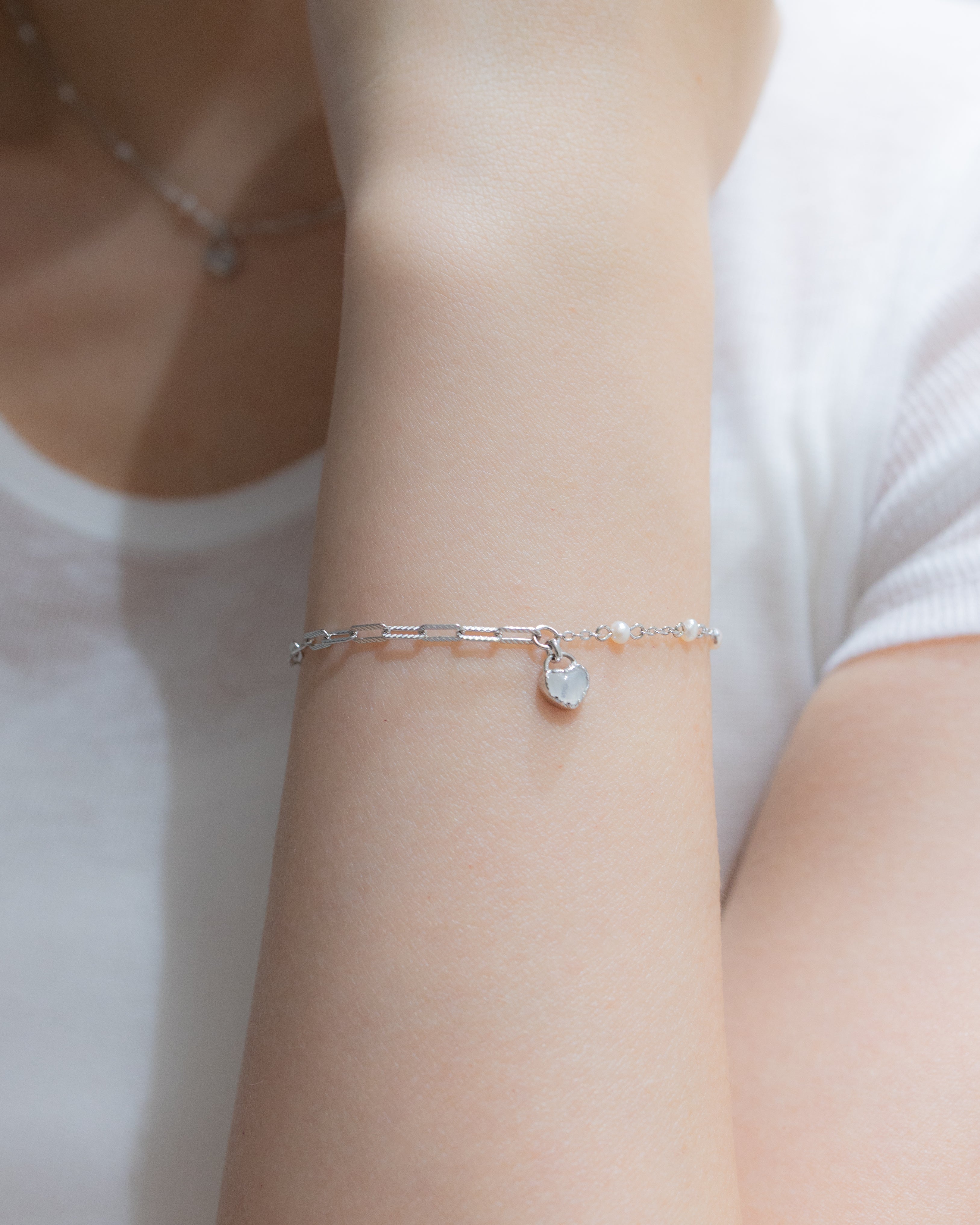 MINI LOVE LOCK SILVER BRACELET - MOONSTONE & PEARLS