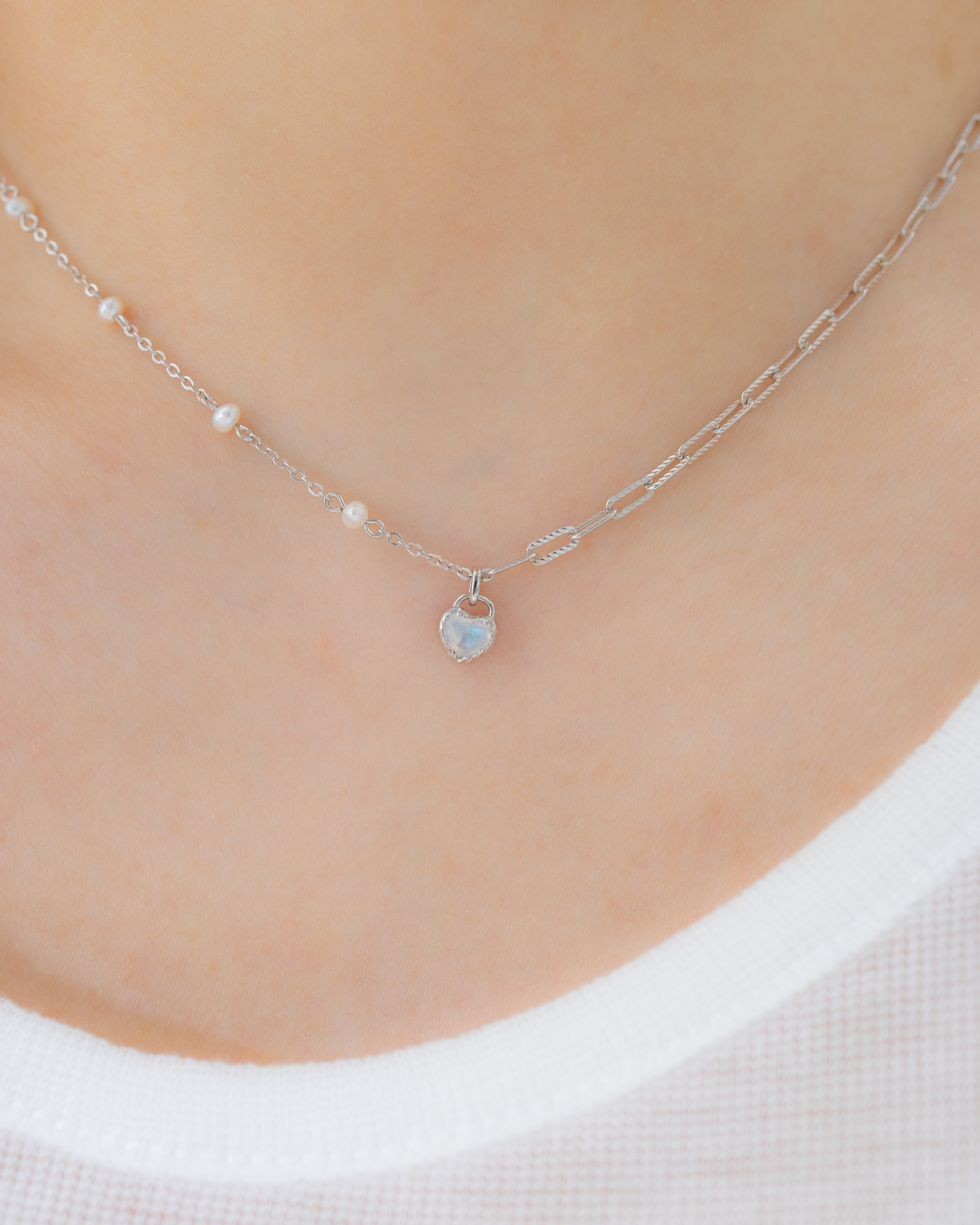 MINI LOVE LOCK SILVER NECKLACE - MOONSTONE & PEARLS