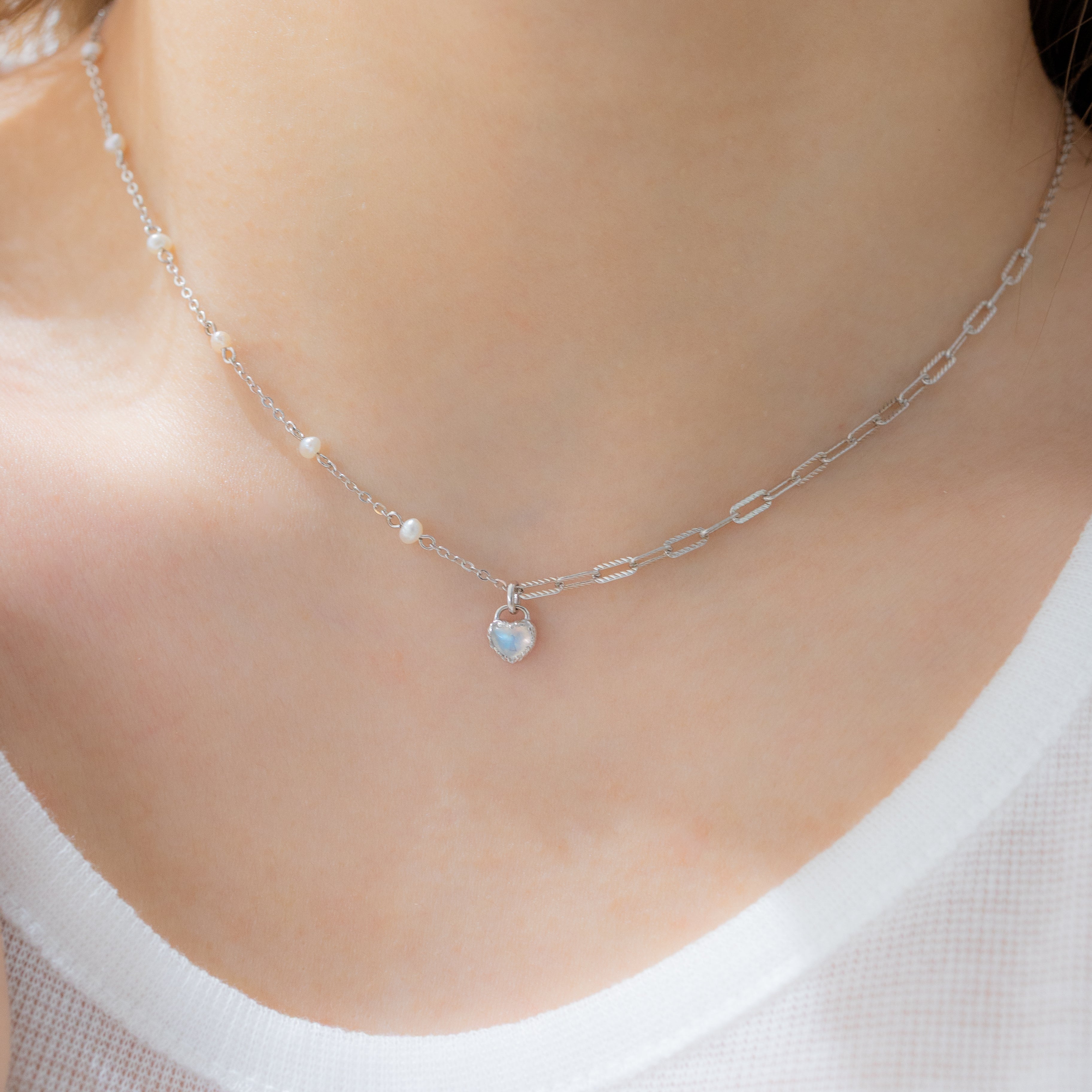 MINI LOVE LOCK SILVER NECKLACE - MOONSTONE & PEARLS