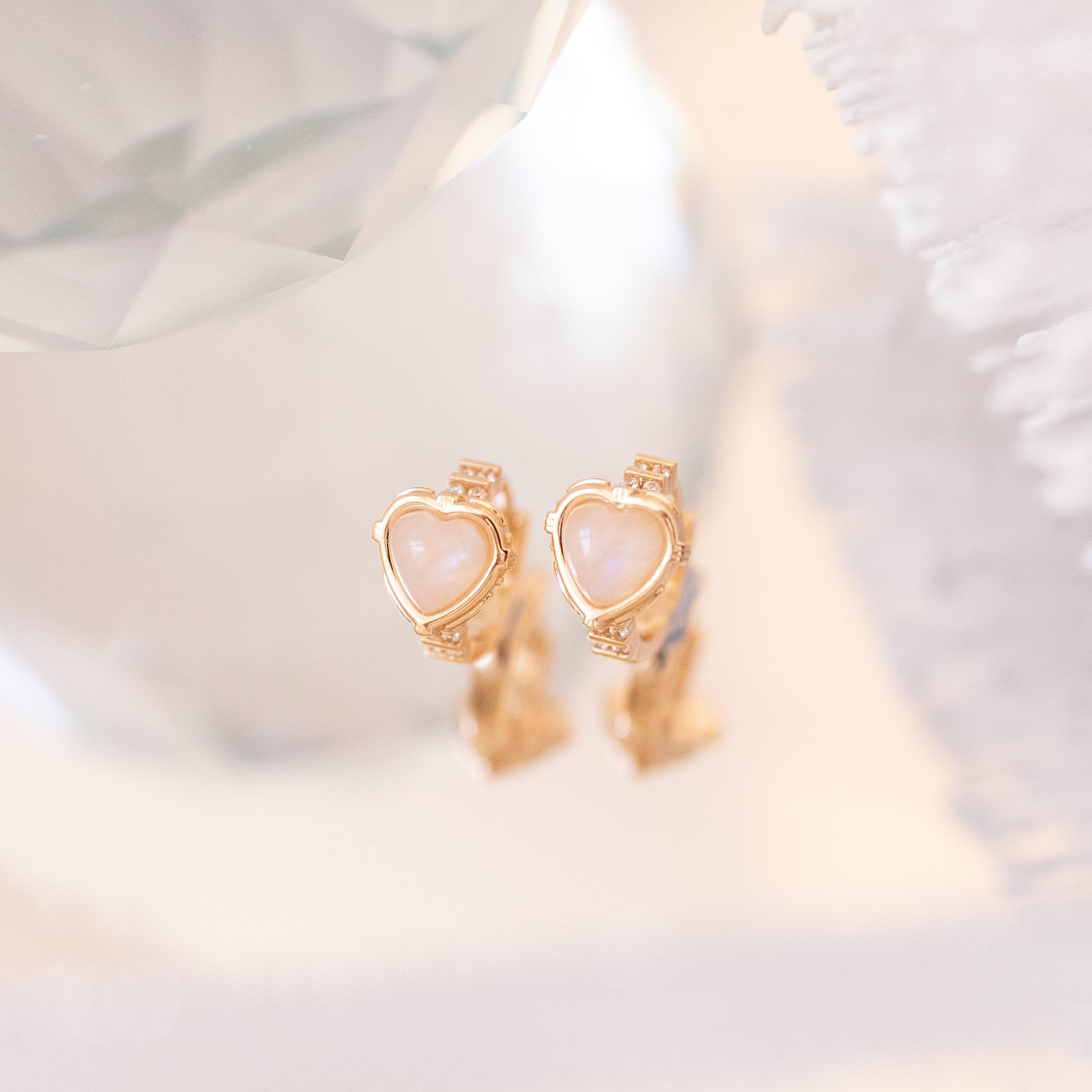 MINI HEART MOONSTONE HUGGIES EARRINGS