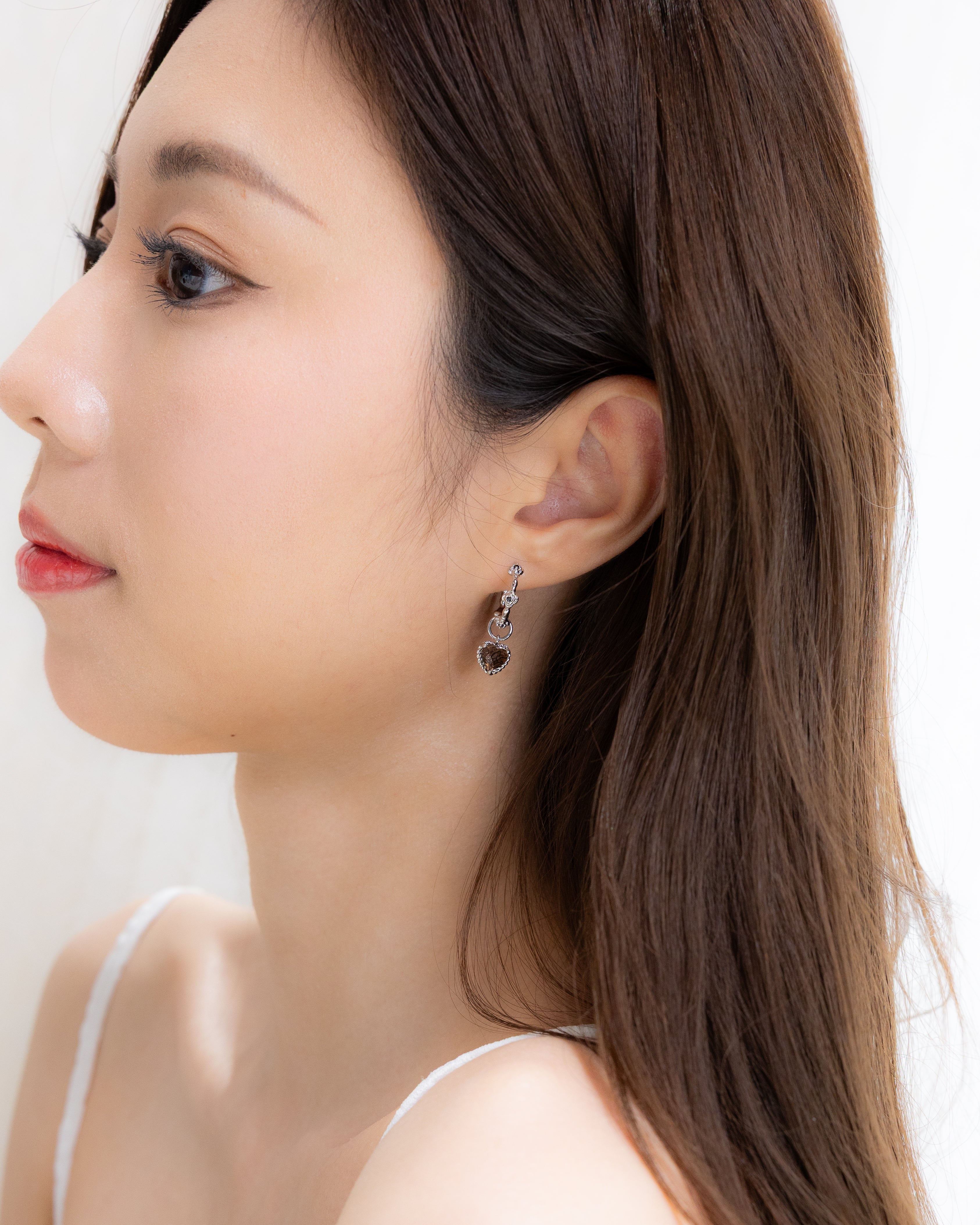 HEARTBEAT ROSE SILVER EAR HOOP - SMOKY QUARTZ