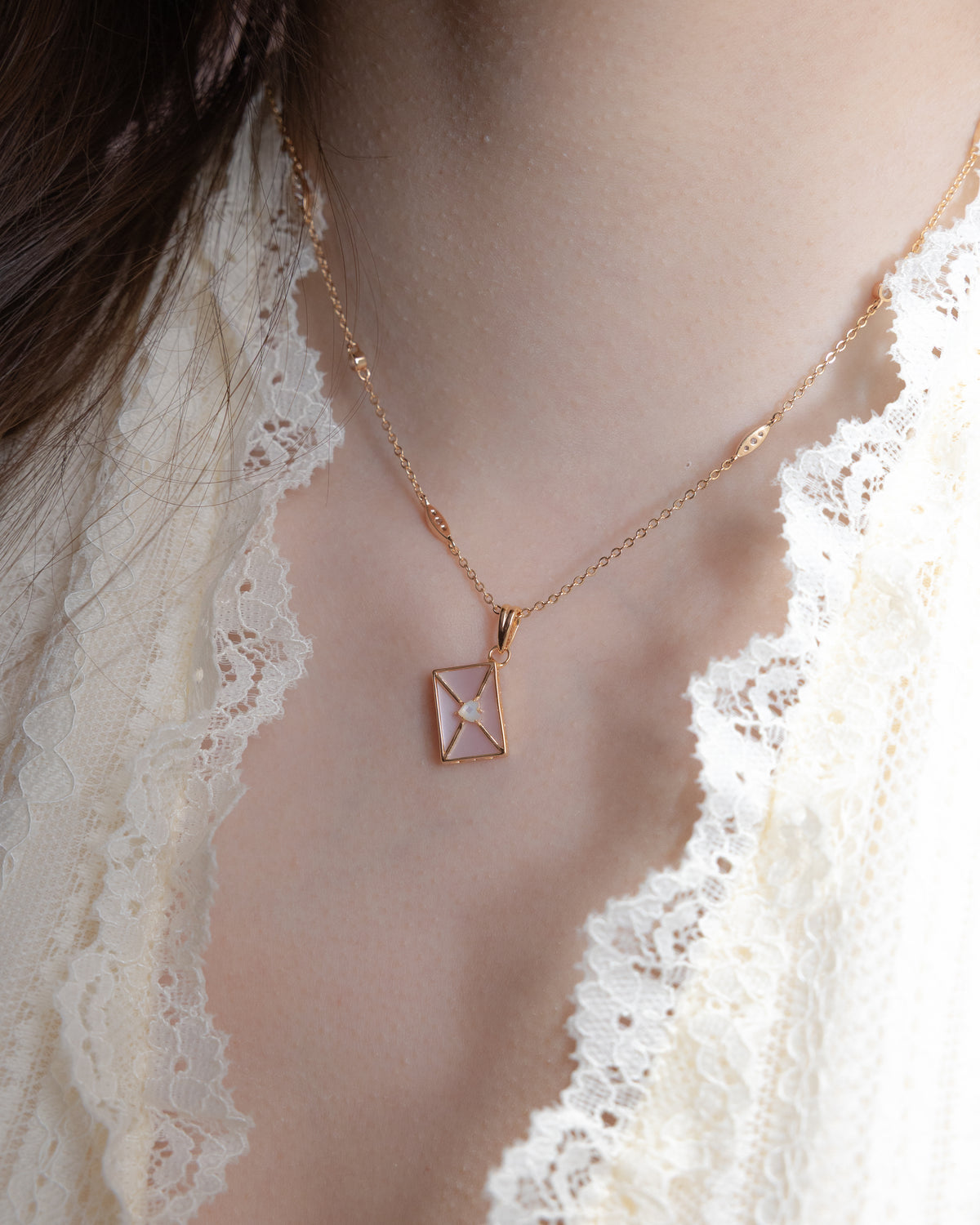 WROTE ME A LOVE LETTER GOLD CHARM - PINK MOTHER OF PEARL & MOTHER OF PEARL