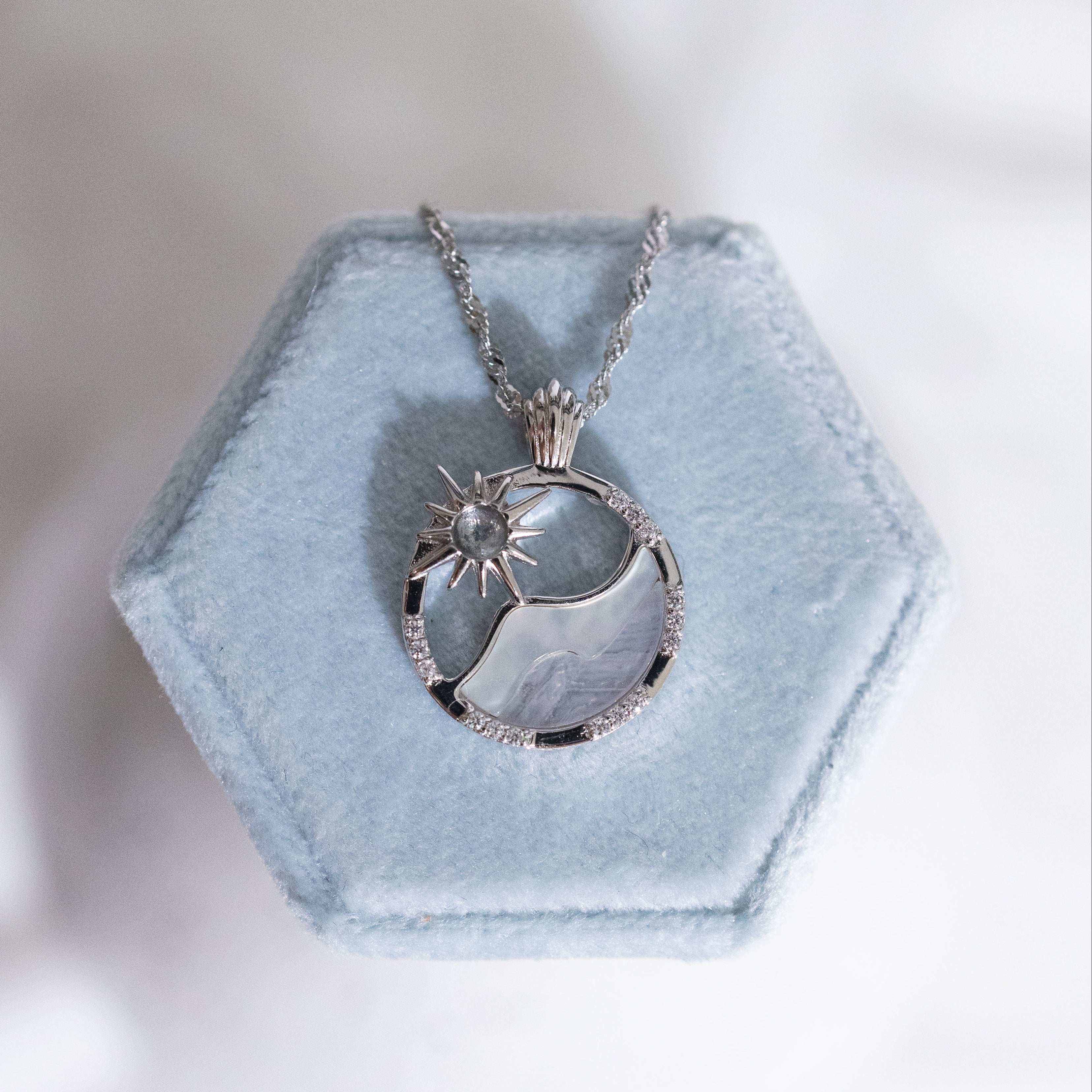 SUN WAVE SILVER NECKLACES - WHITE SHELL, BLUE LACE AGATE