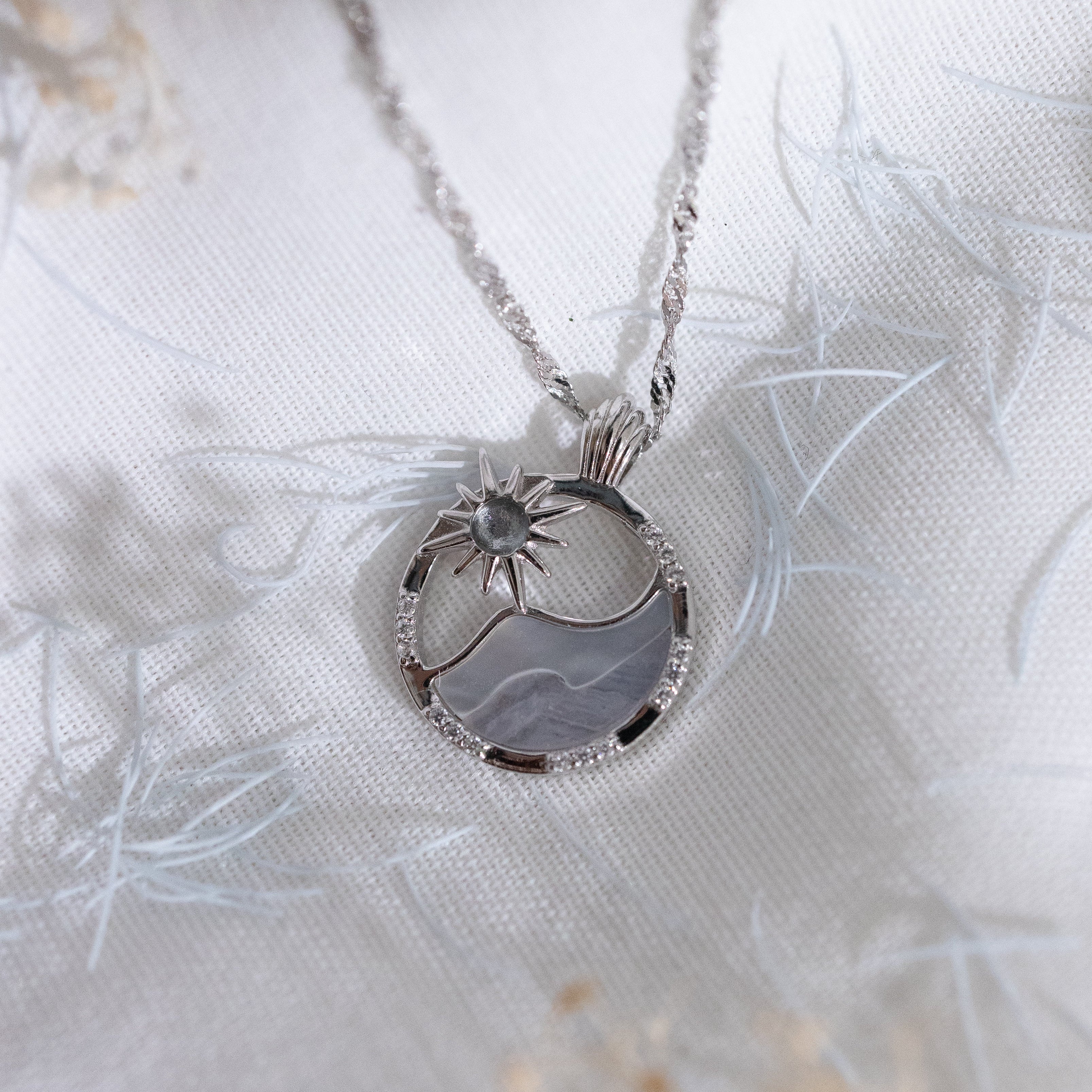 SUN WAVE SILVER NECKLACES - WHITE SHELL, BLUE LACE AGATE