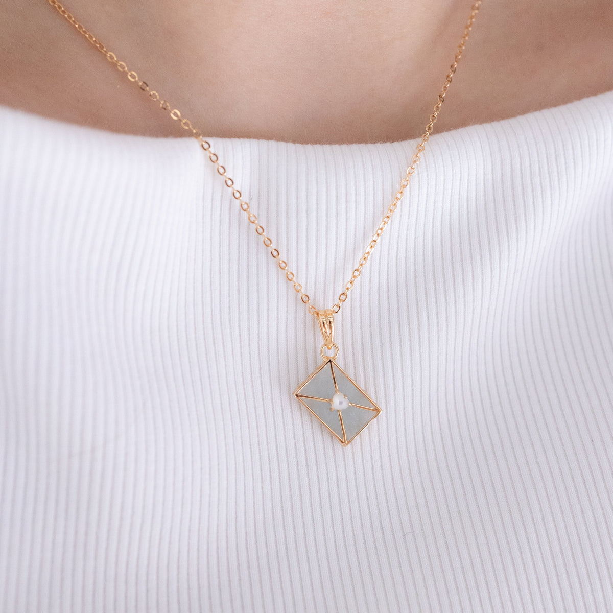 WROTE ME A LOVE LETTER GOLD NECKLACE - AQUAMARINE & PEARL