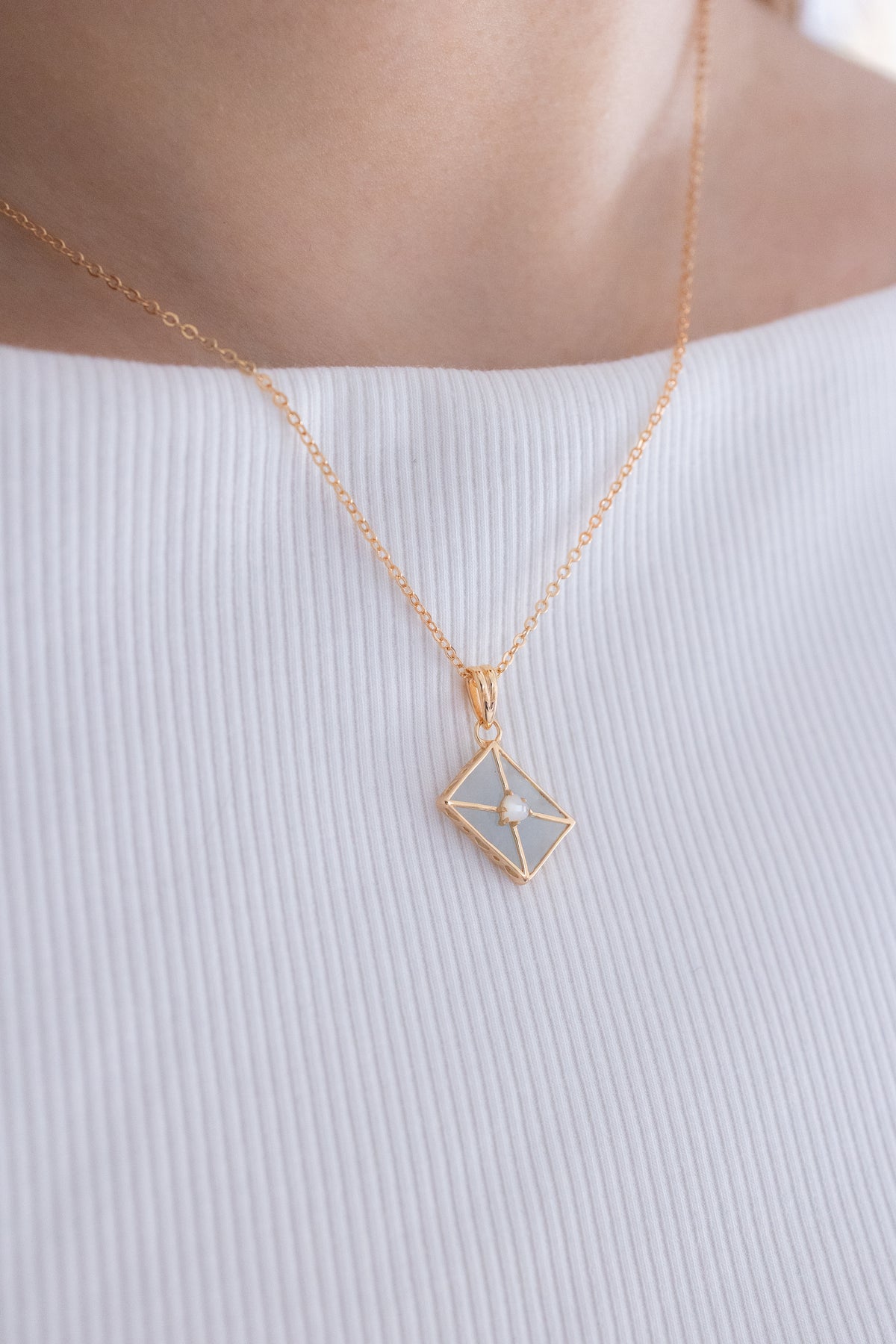 WROTE ME A LOVE LETTER GOLD NECKLACE - AQUAMARINE & PEARL