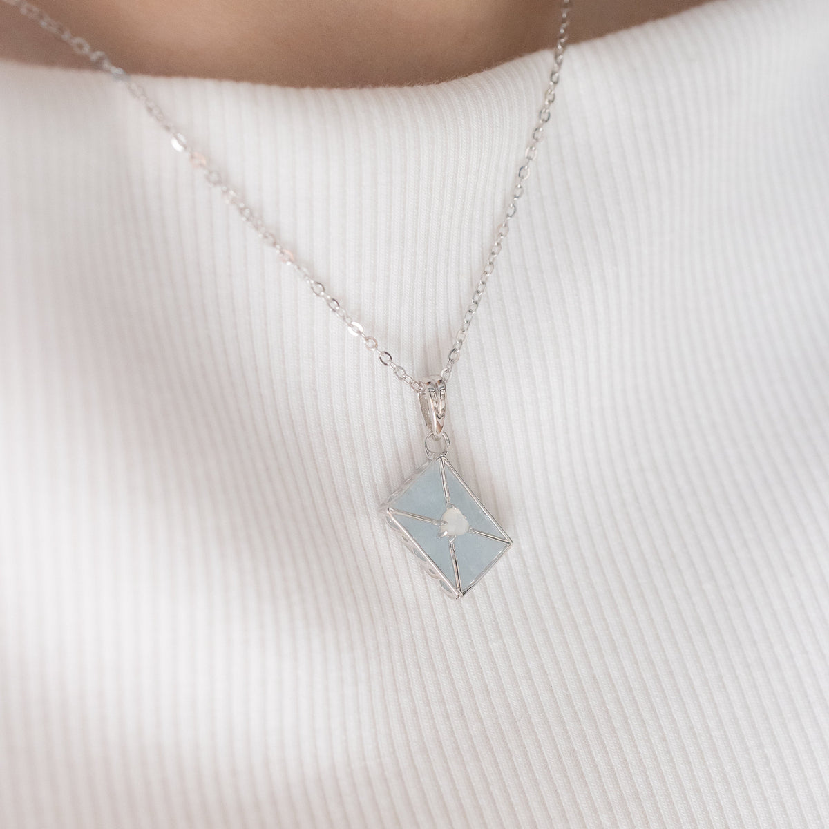 WROTE ME A LOVE LETTER SILVER NECKLACE- AQUAMARINE & PEARL