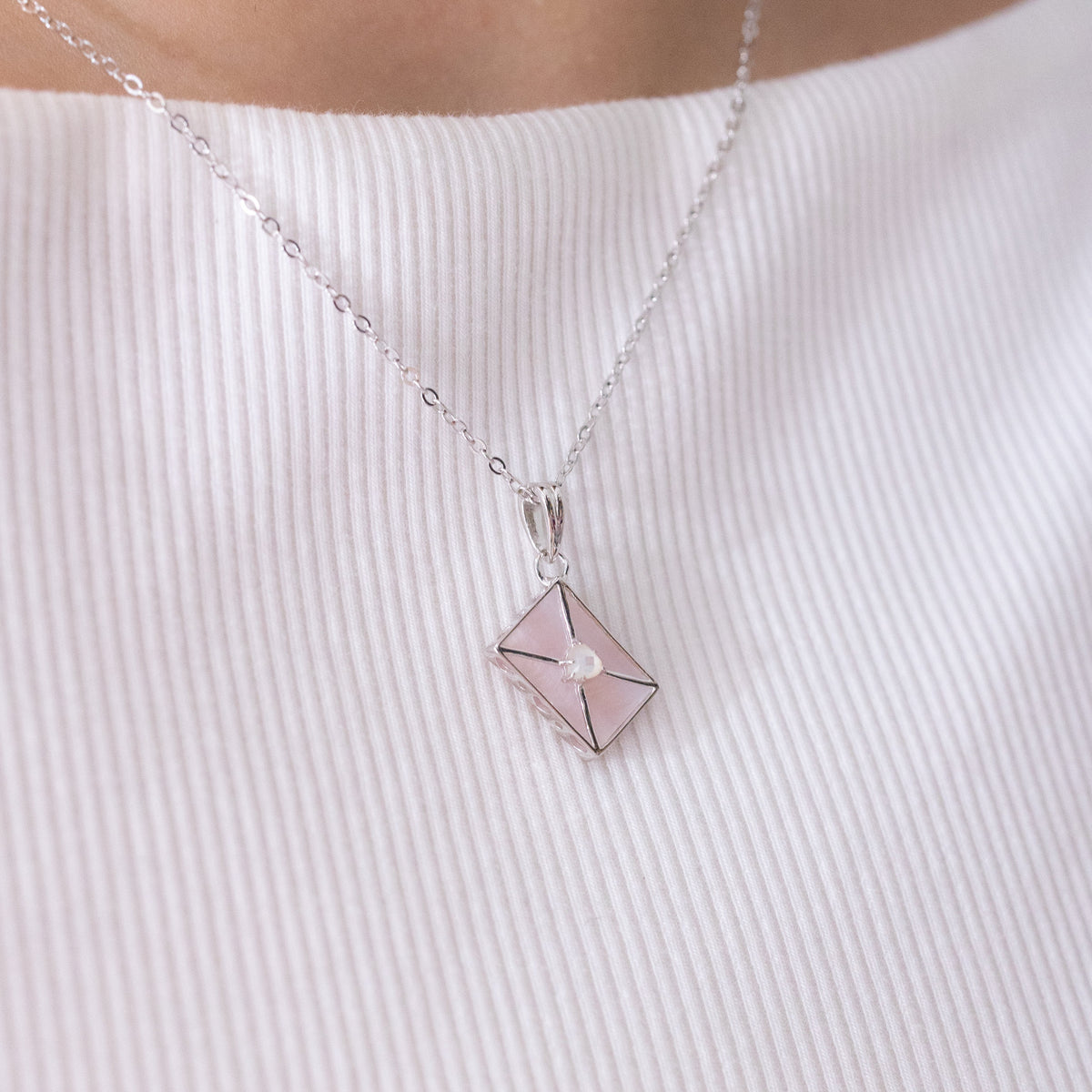 WROTE ME A LOVE LETTER SILVER NECKLACE - PINK MOTHER OF PEARL & MOTHER OF PEARL