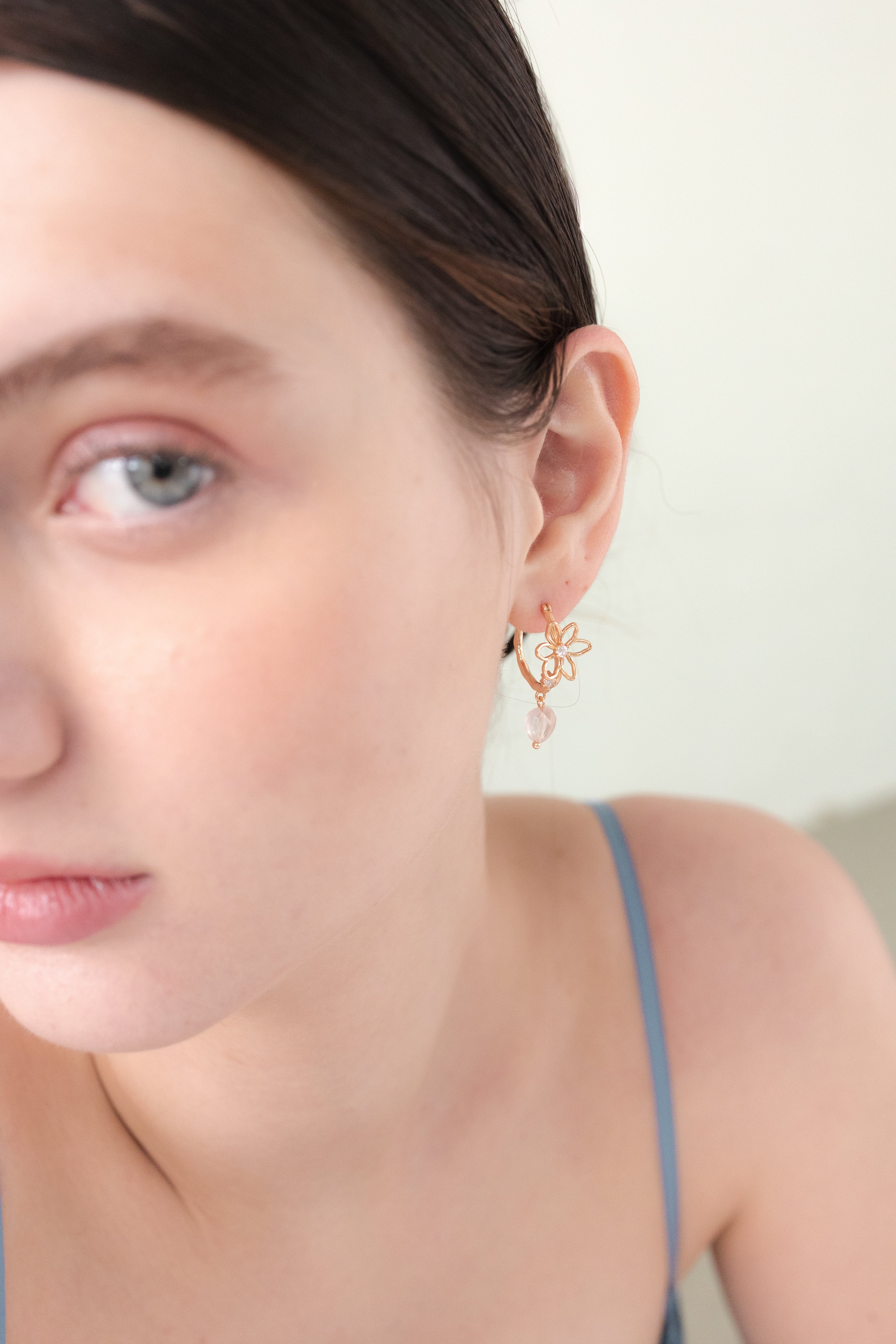 FLOWER BLOOSOM EAR HOOPS EARRINGS - ROSE QUARTZ