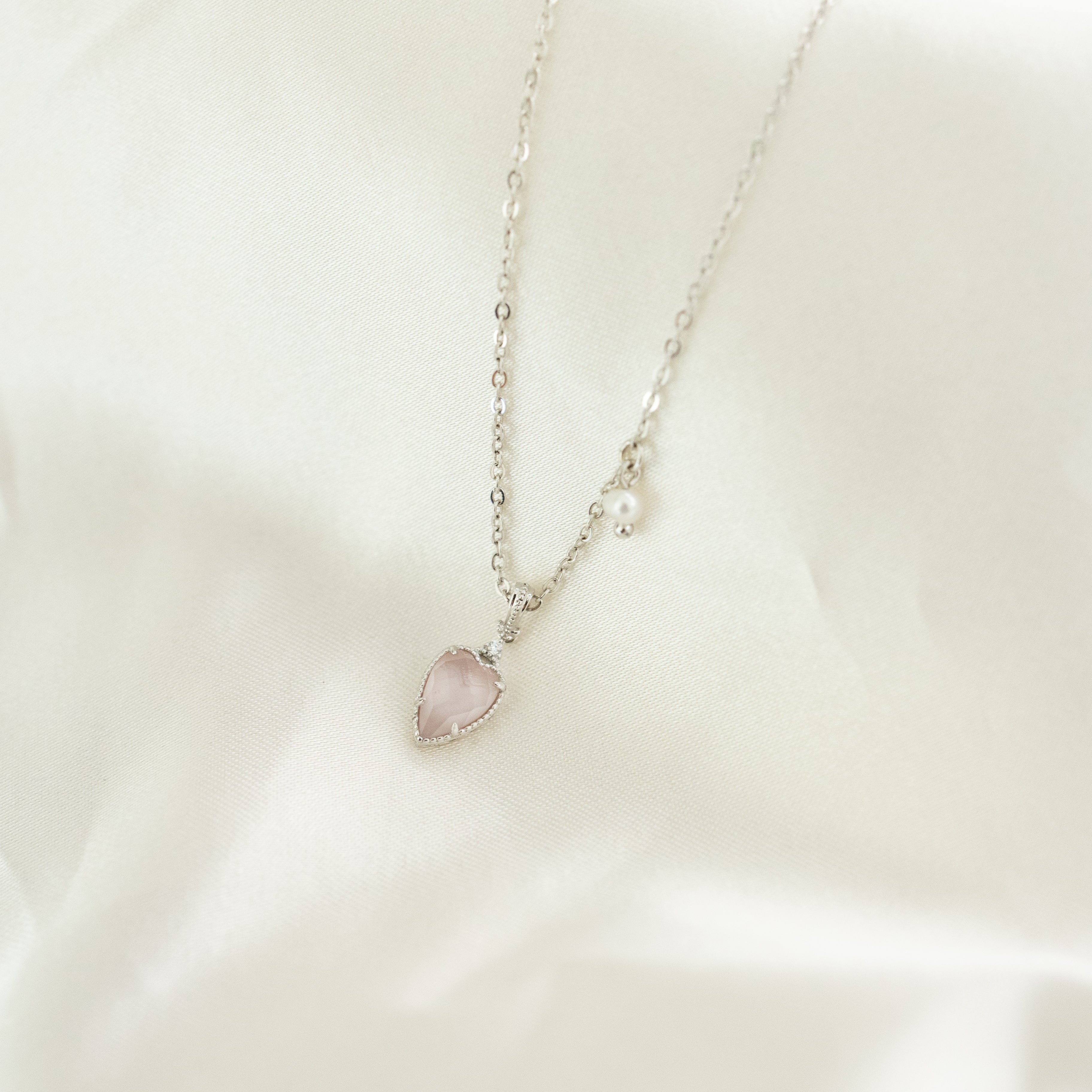 PINK OPAL WITH WHITE QUARTZ HEART SHAPE SILVER NECKLACE