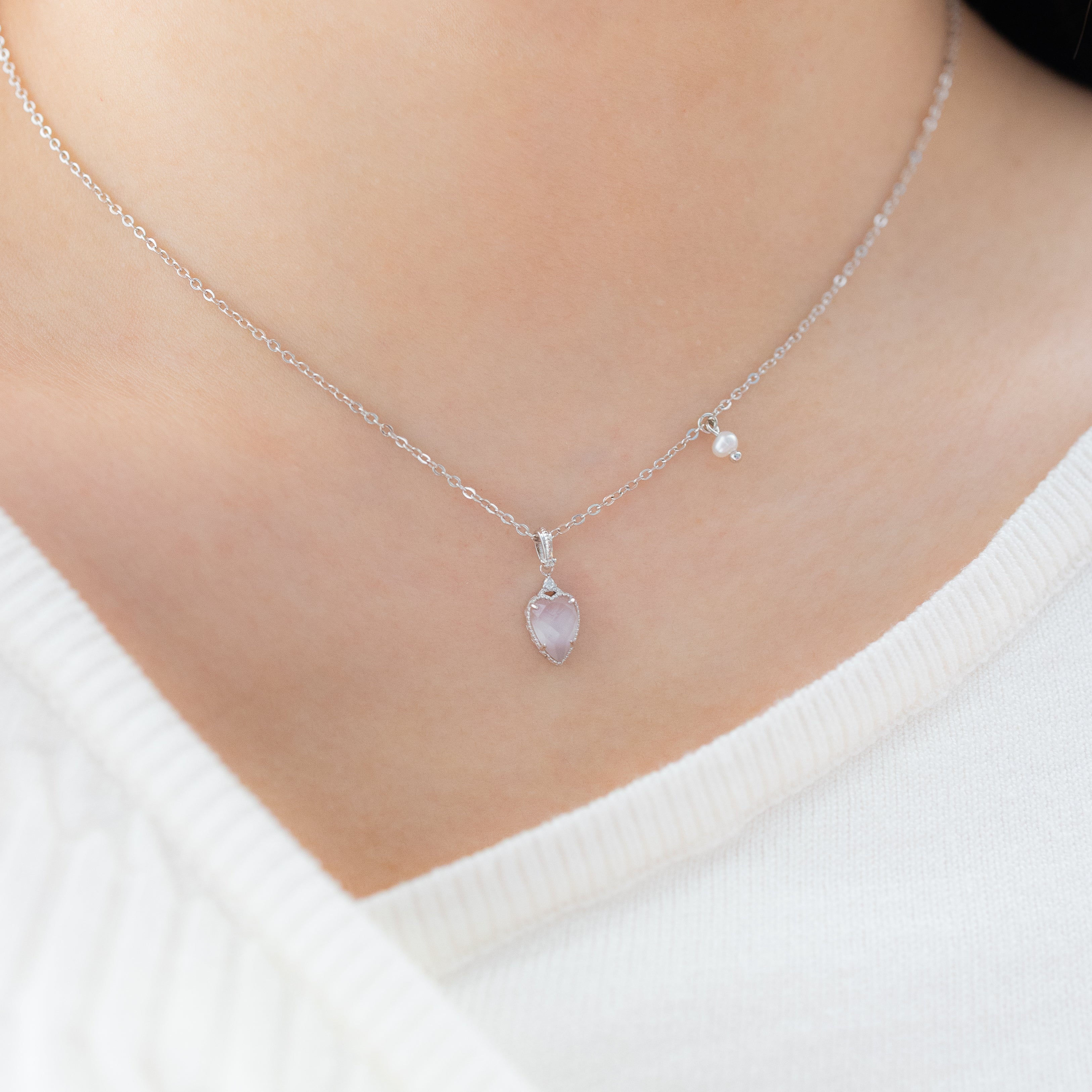 PINK OPAL WITH WHITE QUARTZ HEART SHAPE SILVER NECKLACE