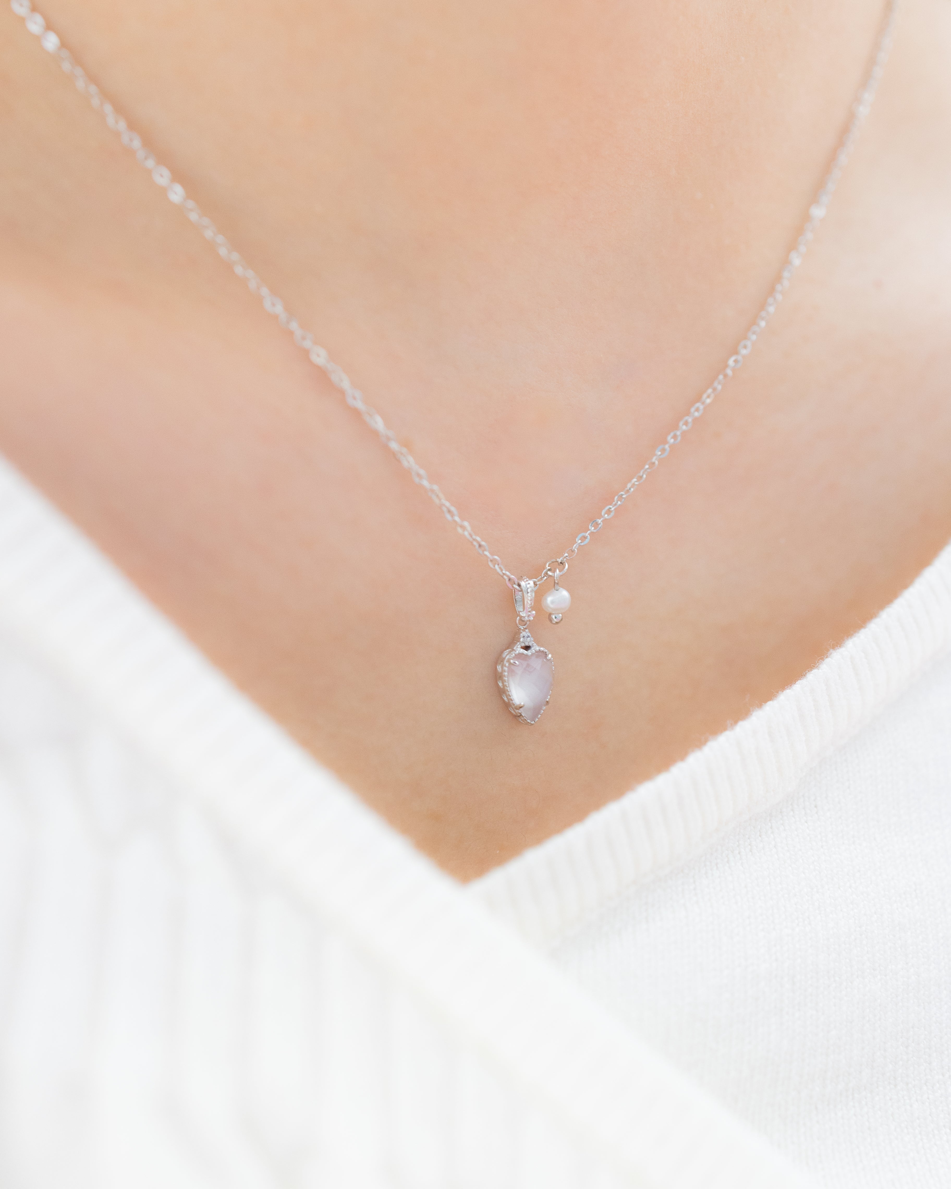 PINK OPAL WITH WHITE QUARTZ HEART SHAPE SILVER NECKLACE