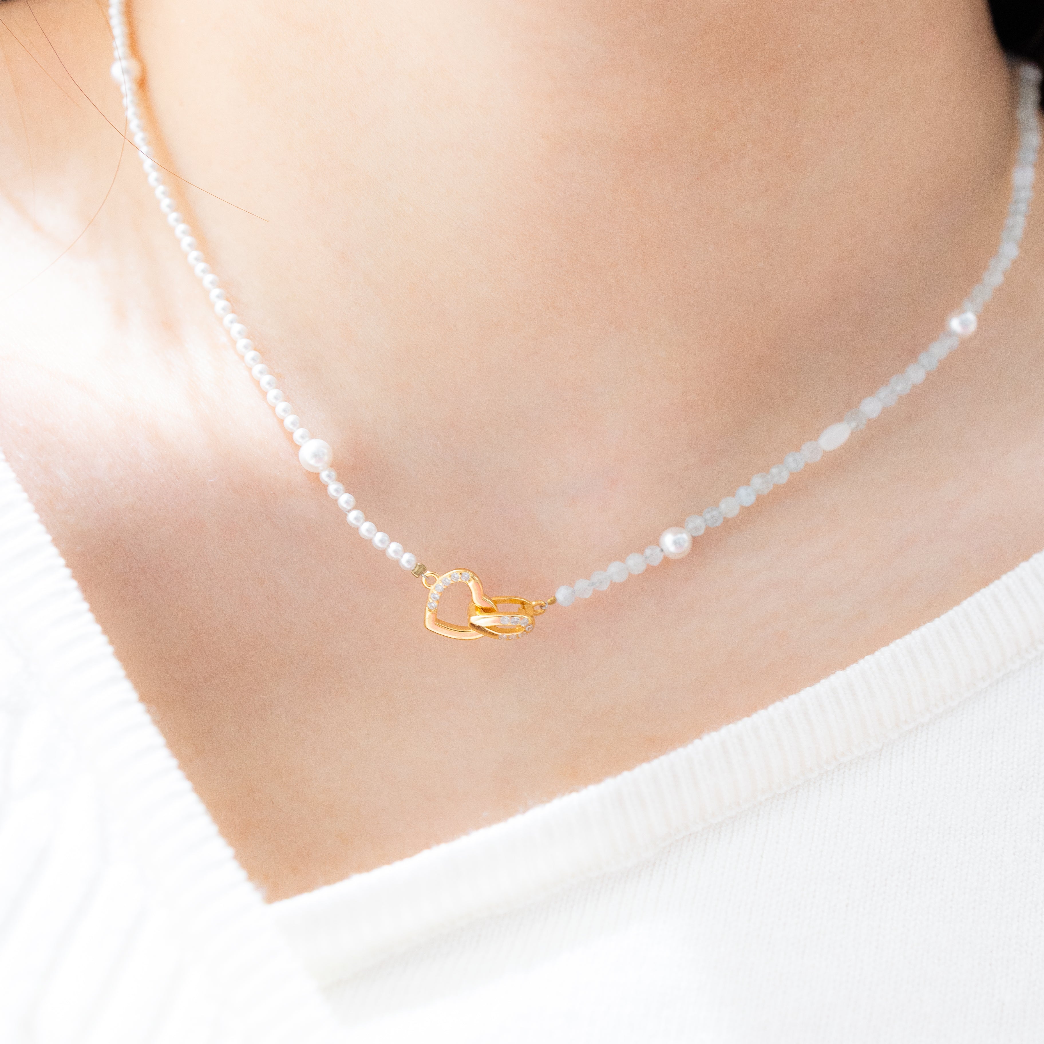 BOHO PEARL & AQUA HEART NECKLACE