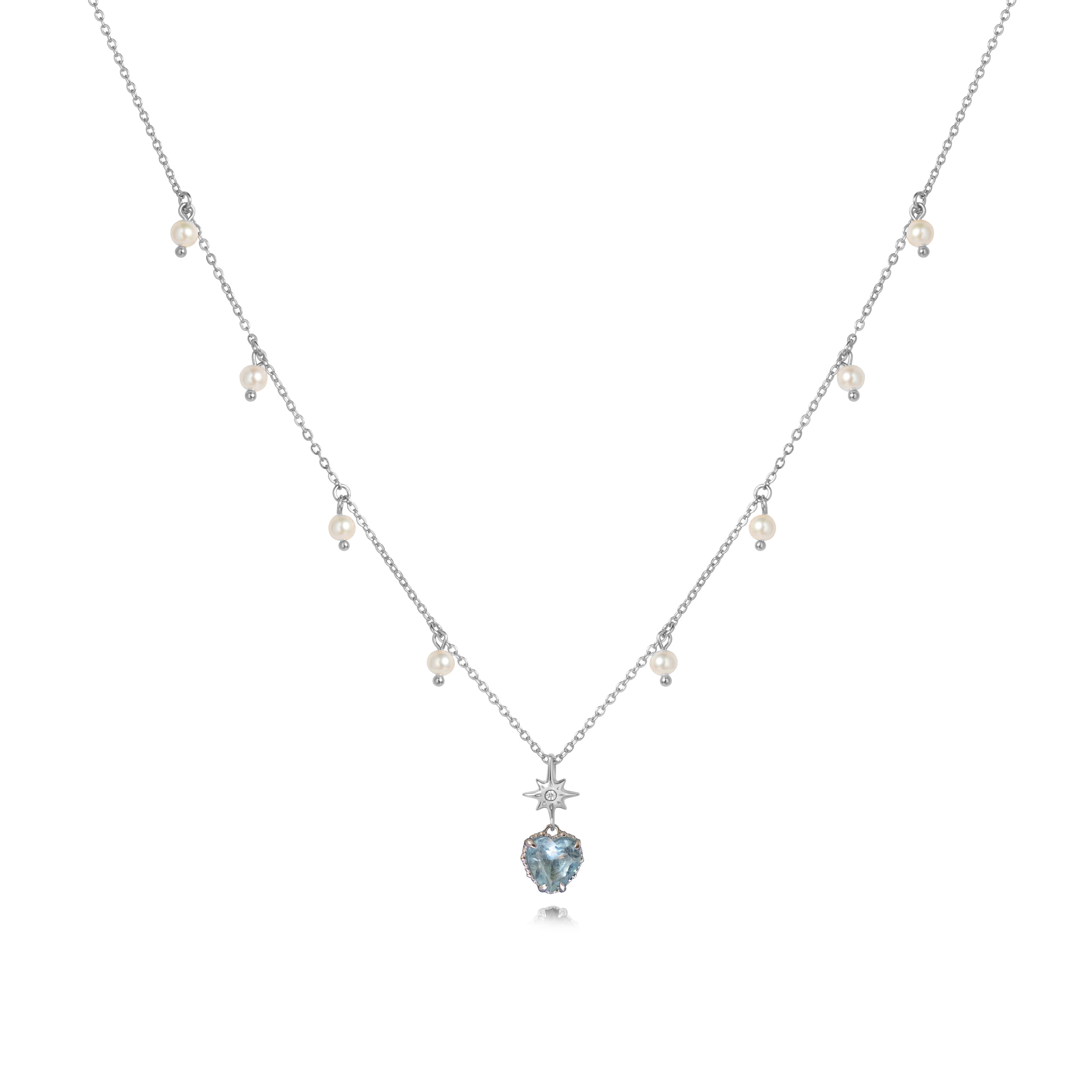 AQUA TWINKLE SILVER NECKLACE - AQUAMARINE & PEARL